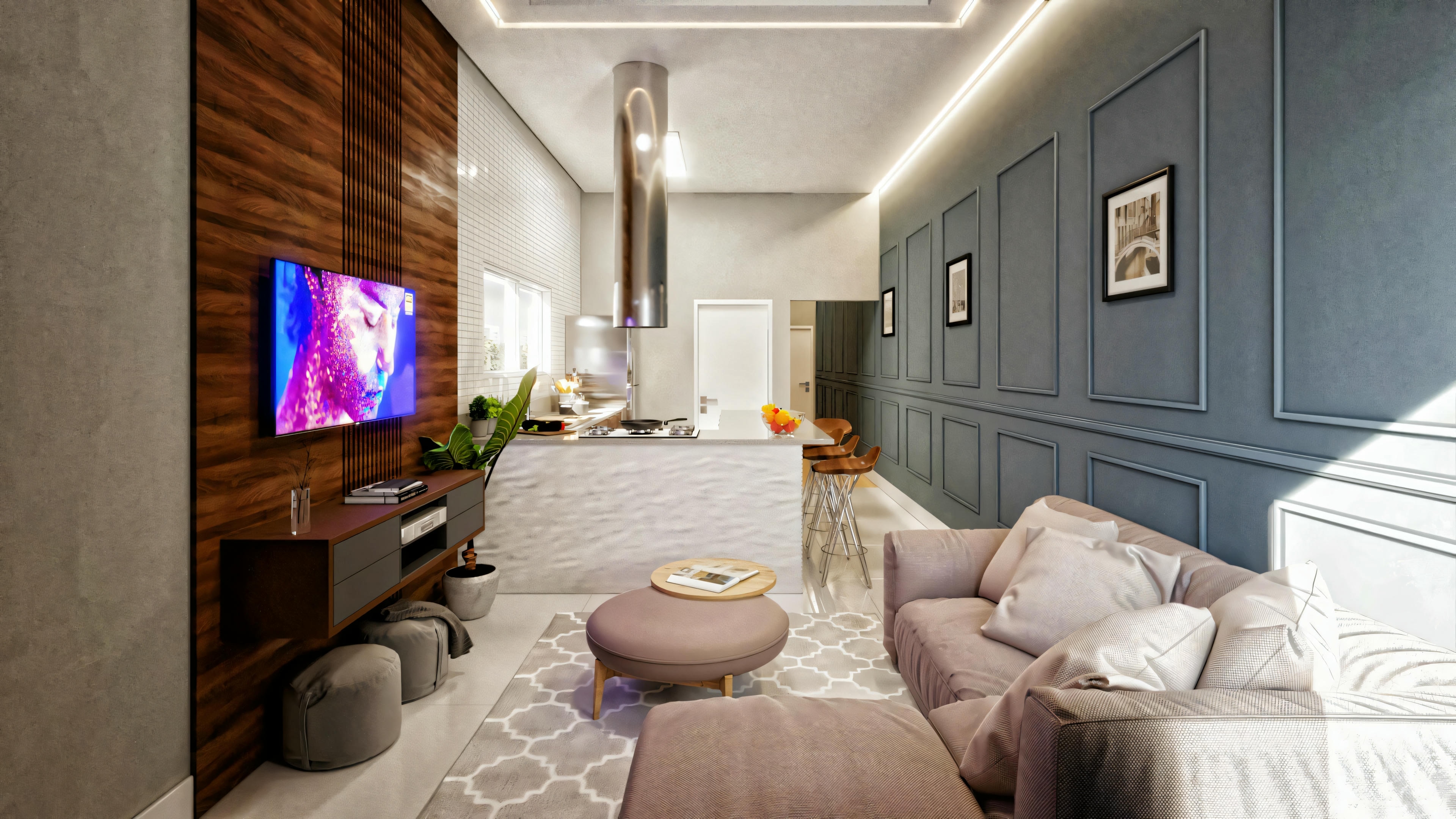 Interior de la casa pequeña de 60m² mostrando sala de estar y cocina integradas en concepto abierto. Destaque para el panel listonado de madera, pared con boiserie y cocina con encimera.