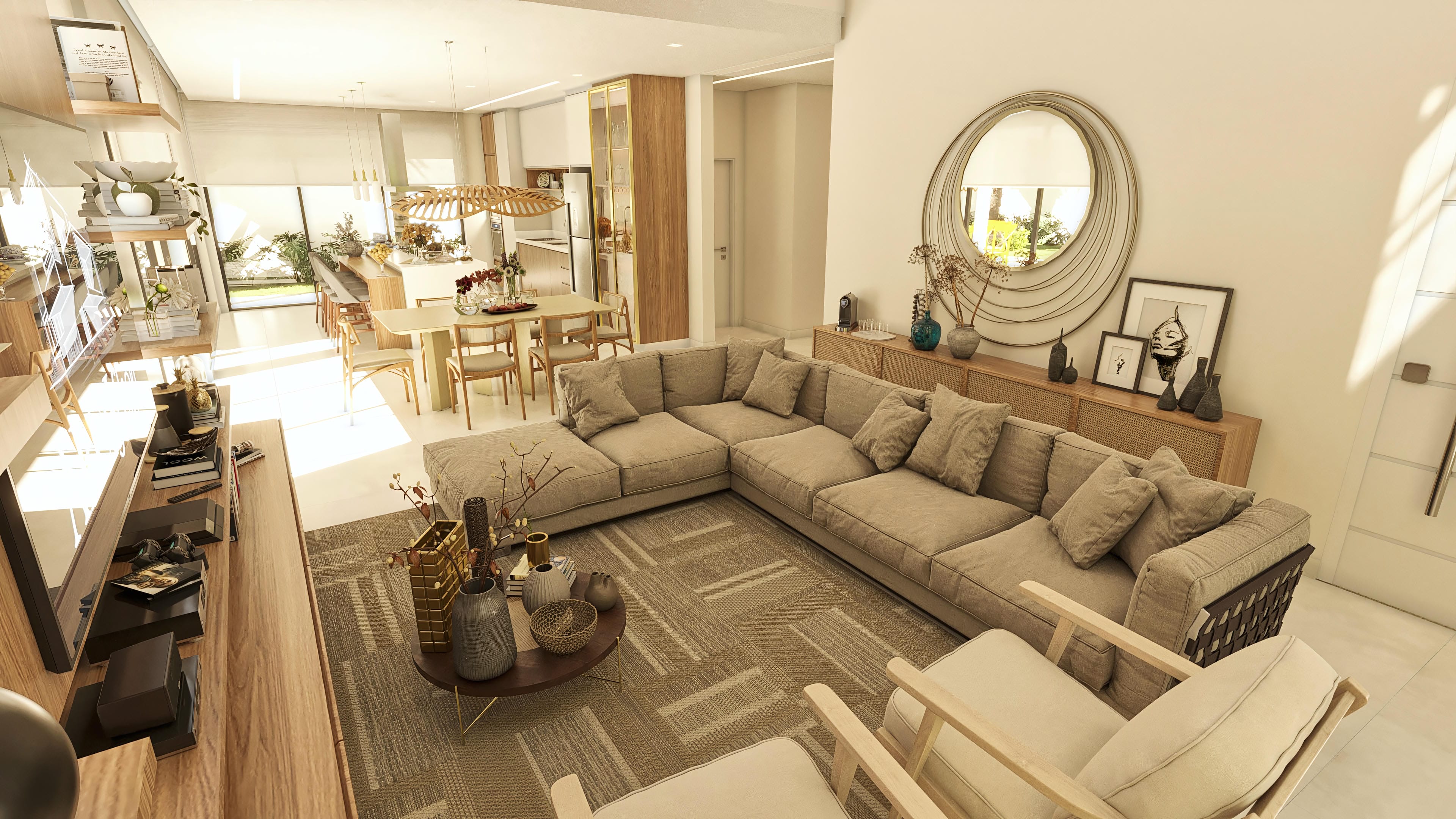 Vista interna de um sobrado moderno, destacando o amplo living com sofá modular bege, poltronas de madeira clara e mesa de centro com objetos decorativos. Ao fundo, a sala de jantar com mesa e cadeiras em madeira e a cozinha com armários planejados e ilha.