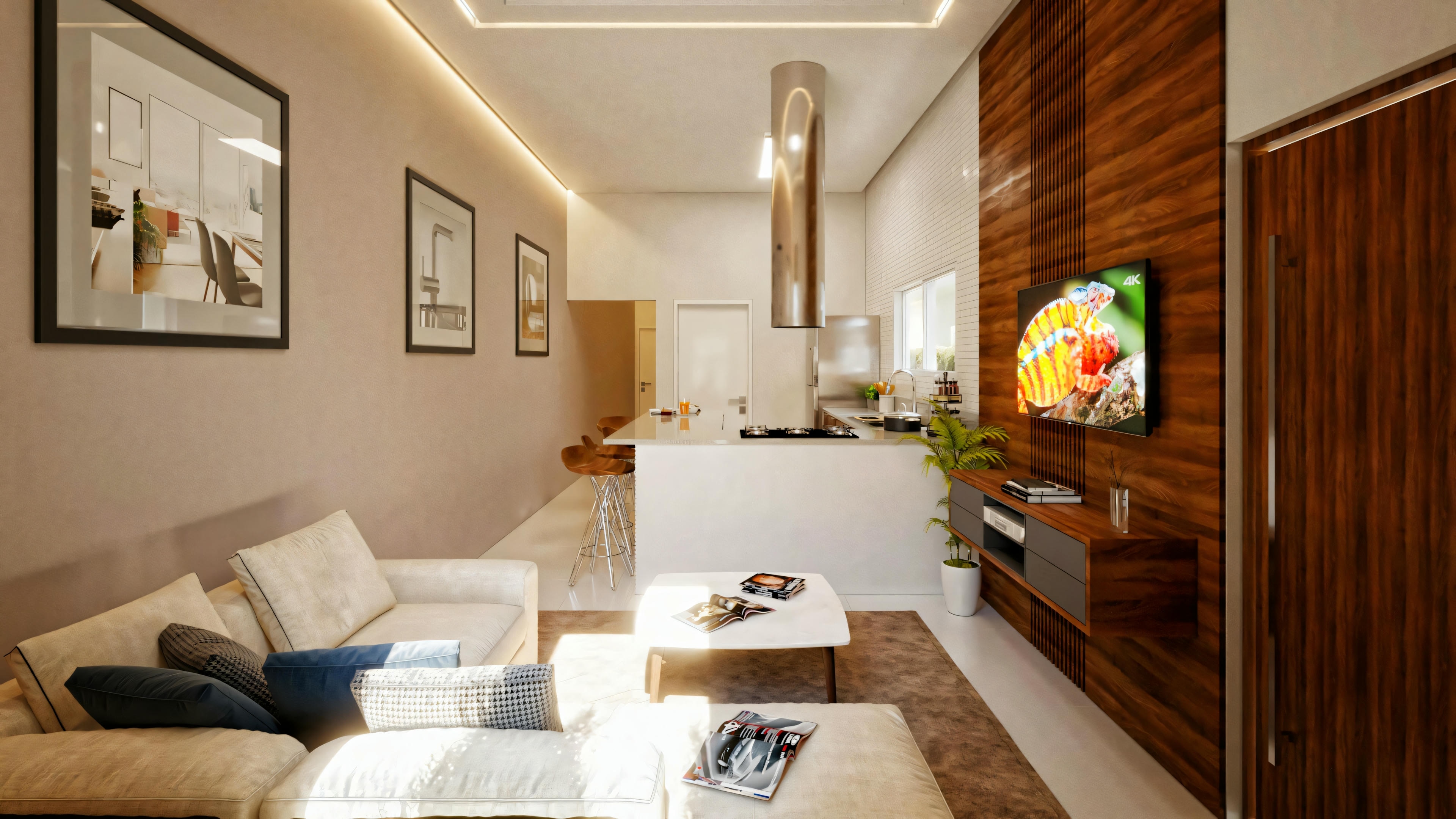 A modern living room with a sofa, coffee table, and a kitchen in the background with an island and bar stools.