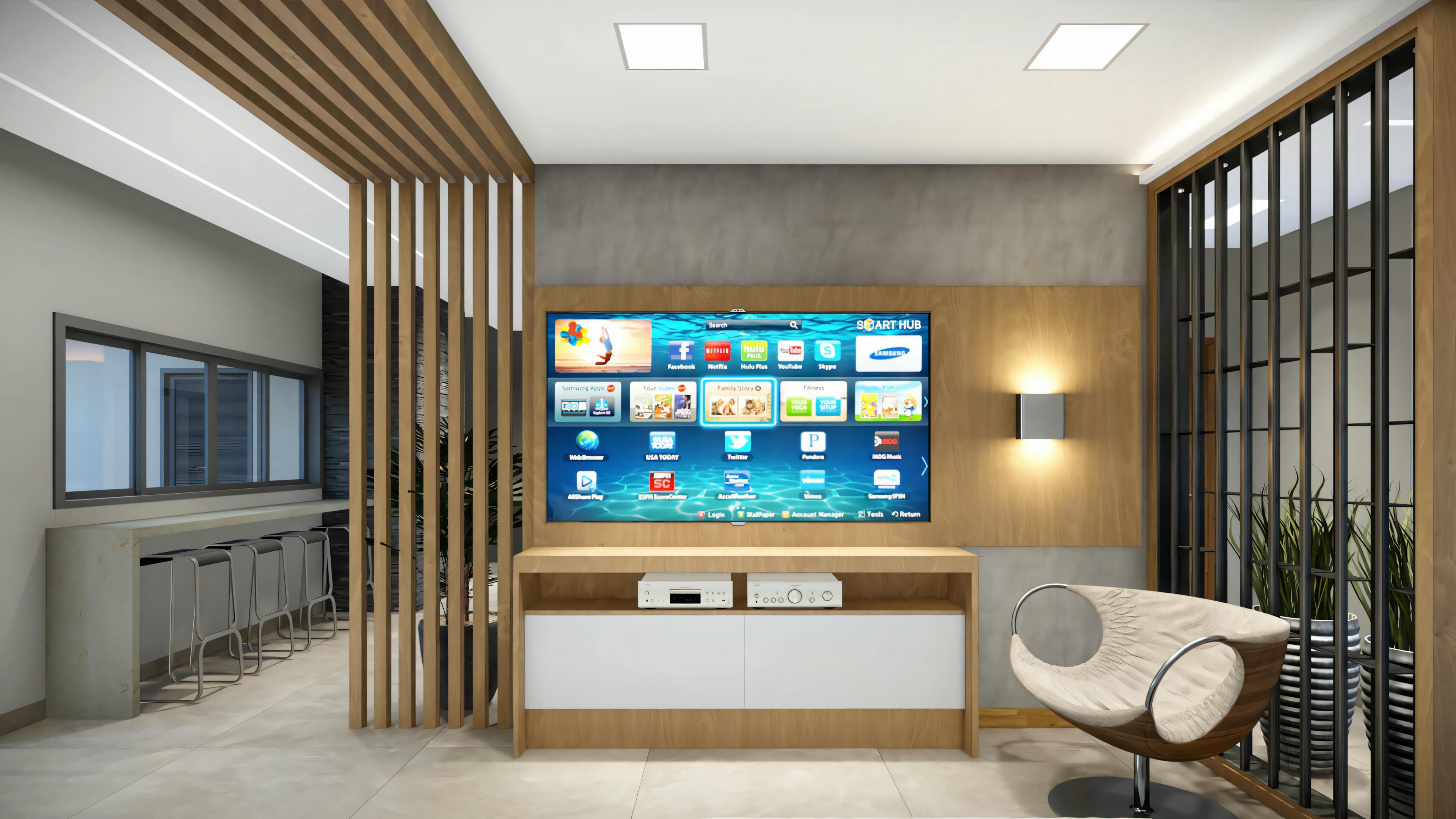 Modern living room with cream sofa, armchair, coffee table, and large TV displaying multiple channels.