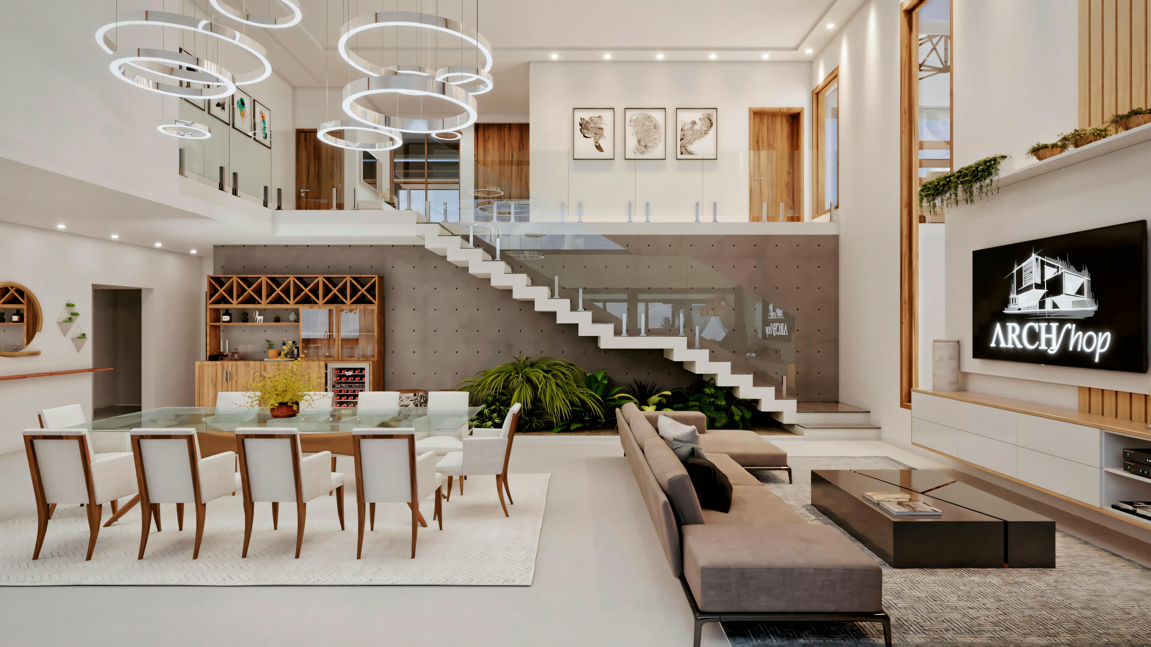 A living space with a dining area including chairs and a table, an open staircase leading to the upper floor, and a chandelier above.