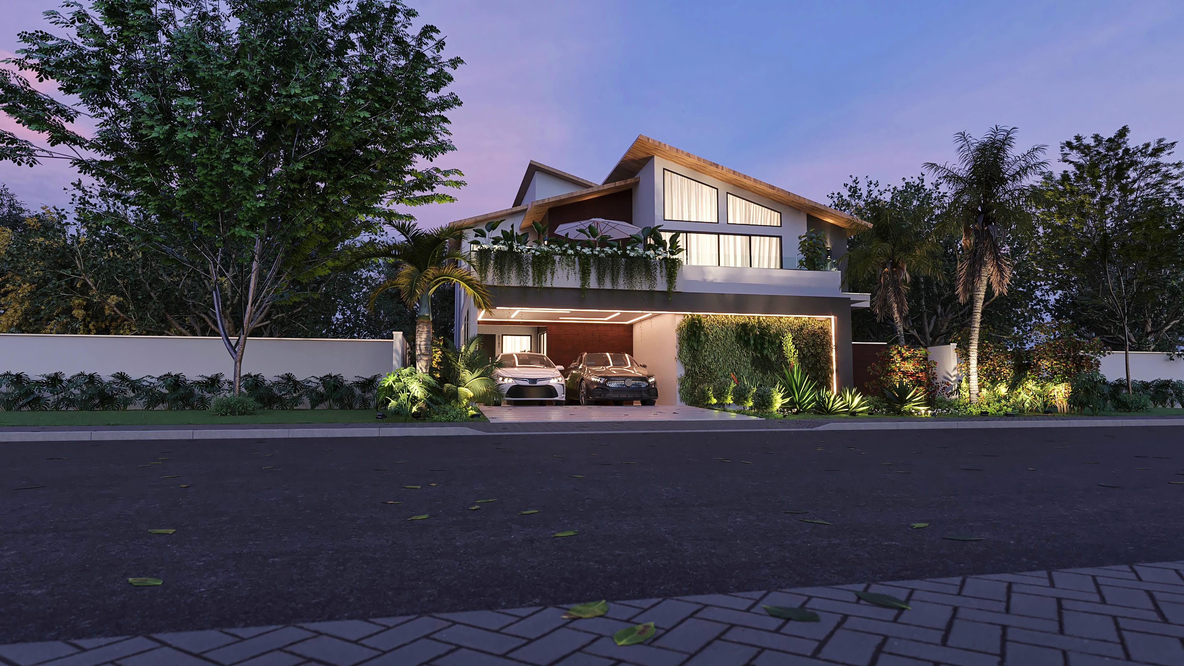 Modern facade of a two-story house with a wooden exposed roof, balcony with lush landscaping, and vertical green wall, highlighting the gourmet area and garage entrance.