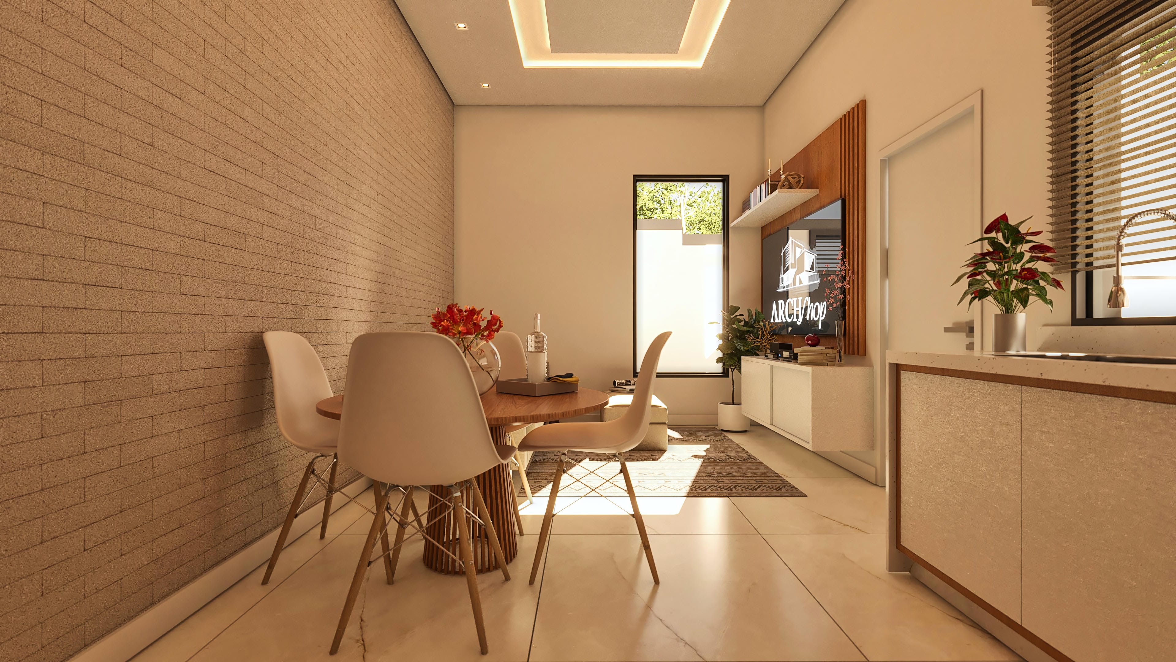 Interior of a single-story house with exposed brick walls, a dining table with chairs, and a shelf with a TV. Integrated environments to optimize space.