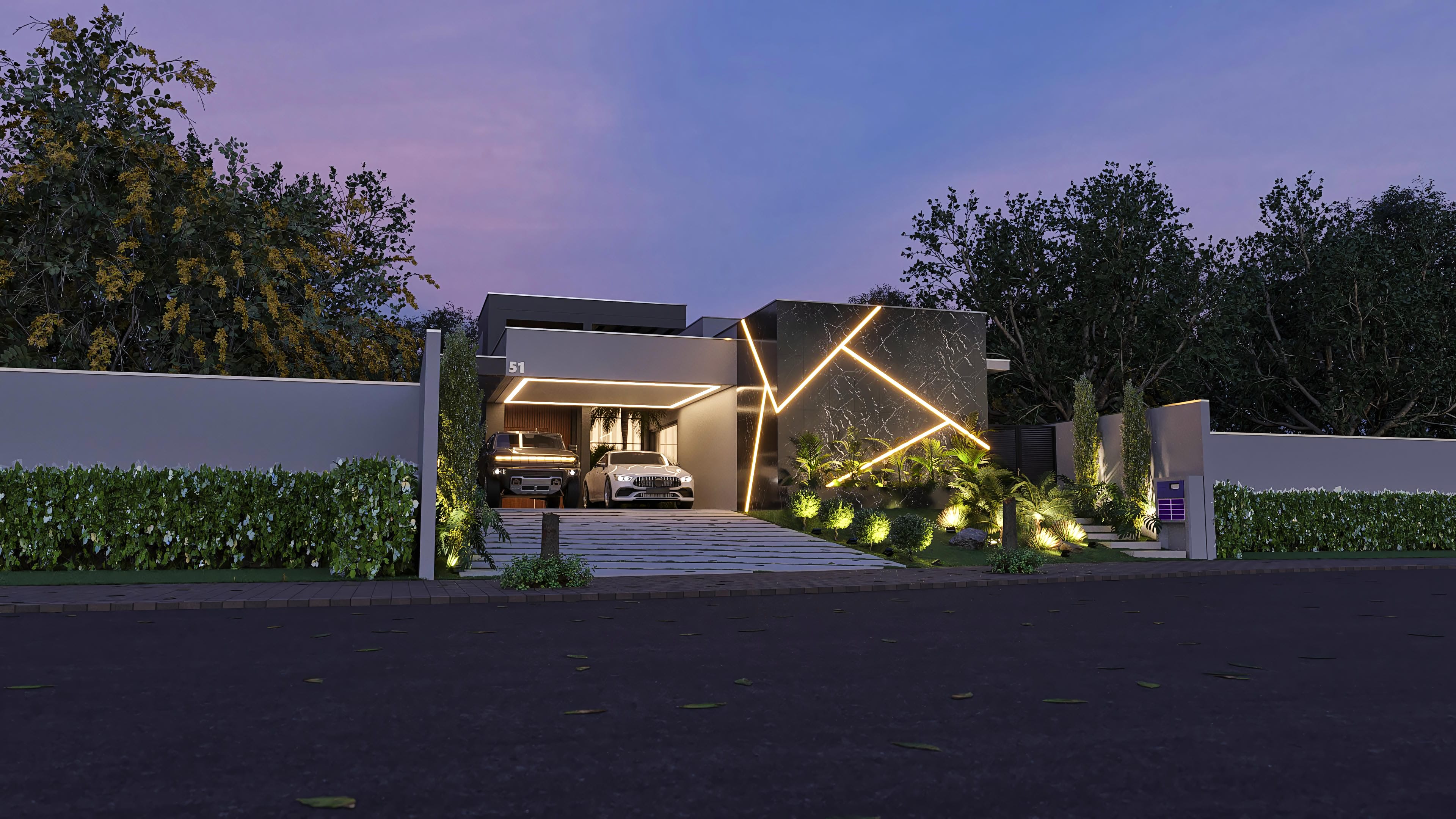 Modern single-story house facade with marble details, LED lighting, and a large leisure area with a pool. Project on a flat lot of 14.75x51.53m.