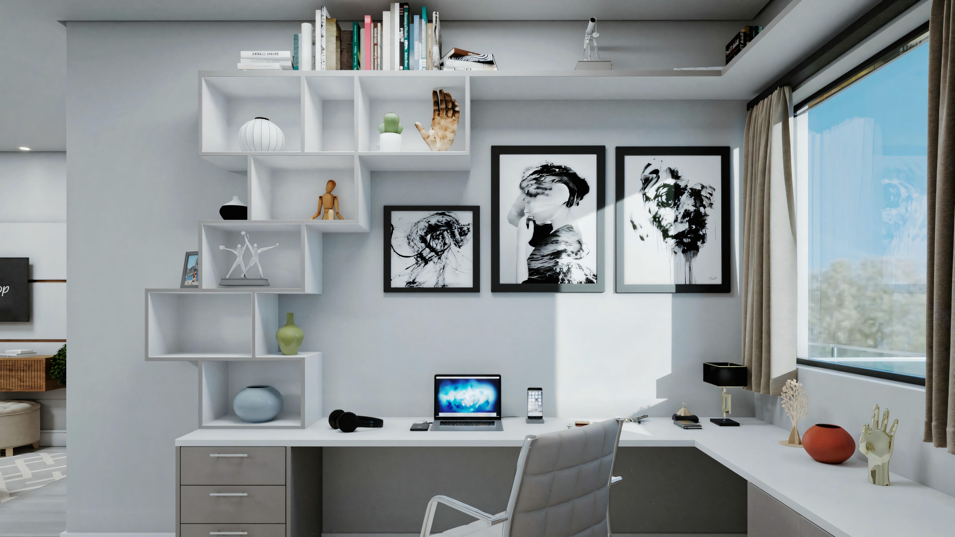 Modern home office with a white desk, laptop, shelves with books and decorative items, and black and white pictures on the wall.