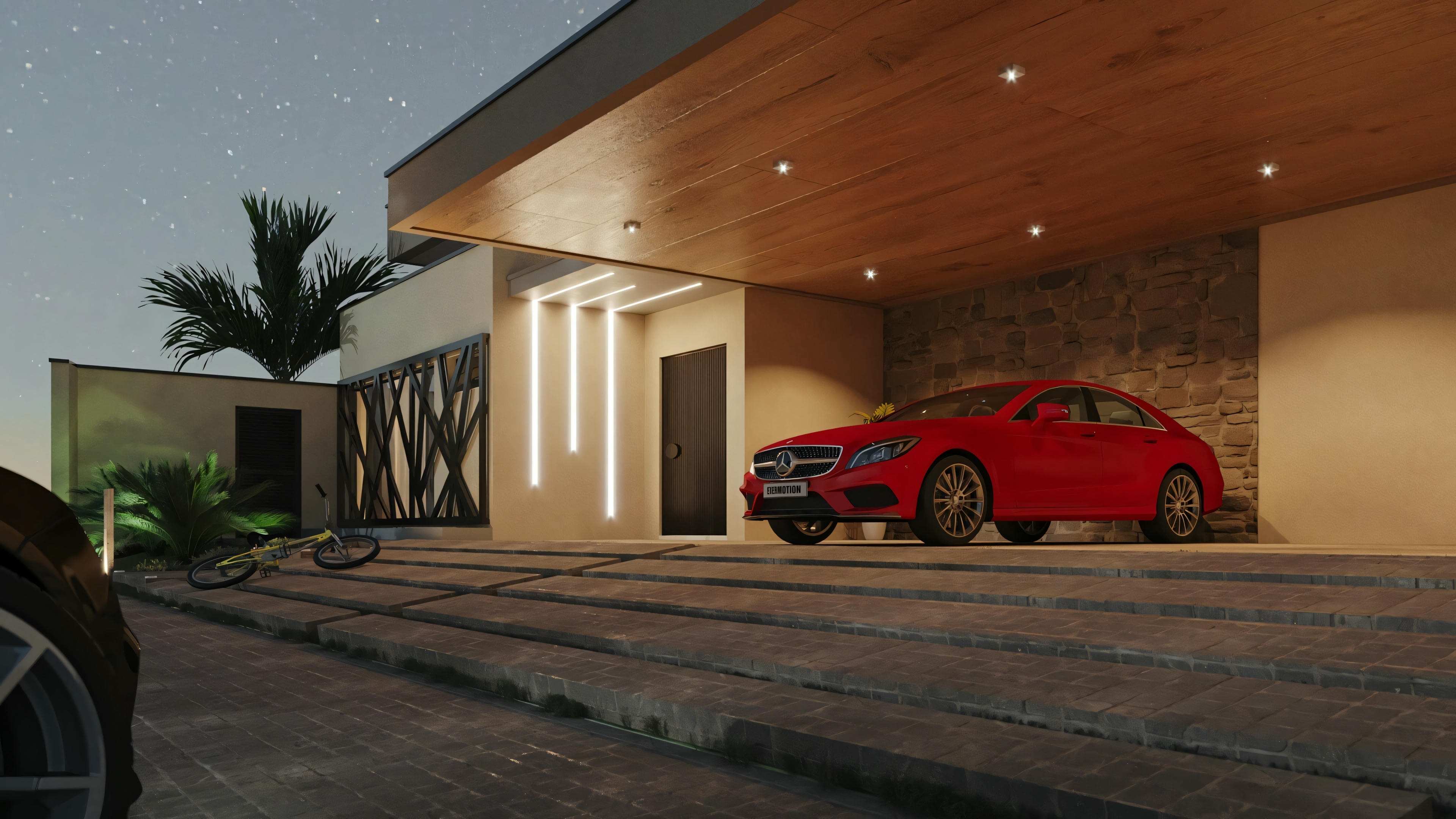 A red car parked under the canopy of a modern house with a large eave. The environment appears to be desert-like, with sandy soil and sparse vegetation.