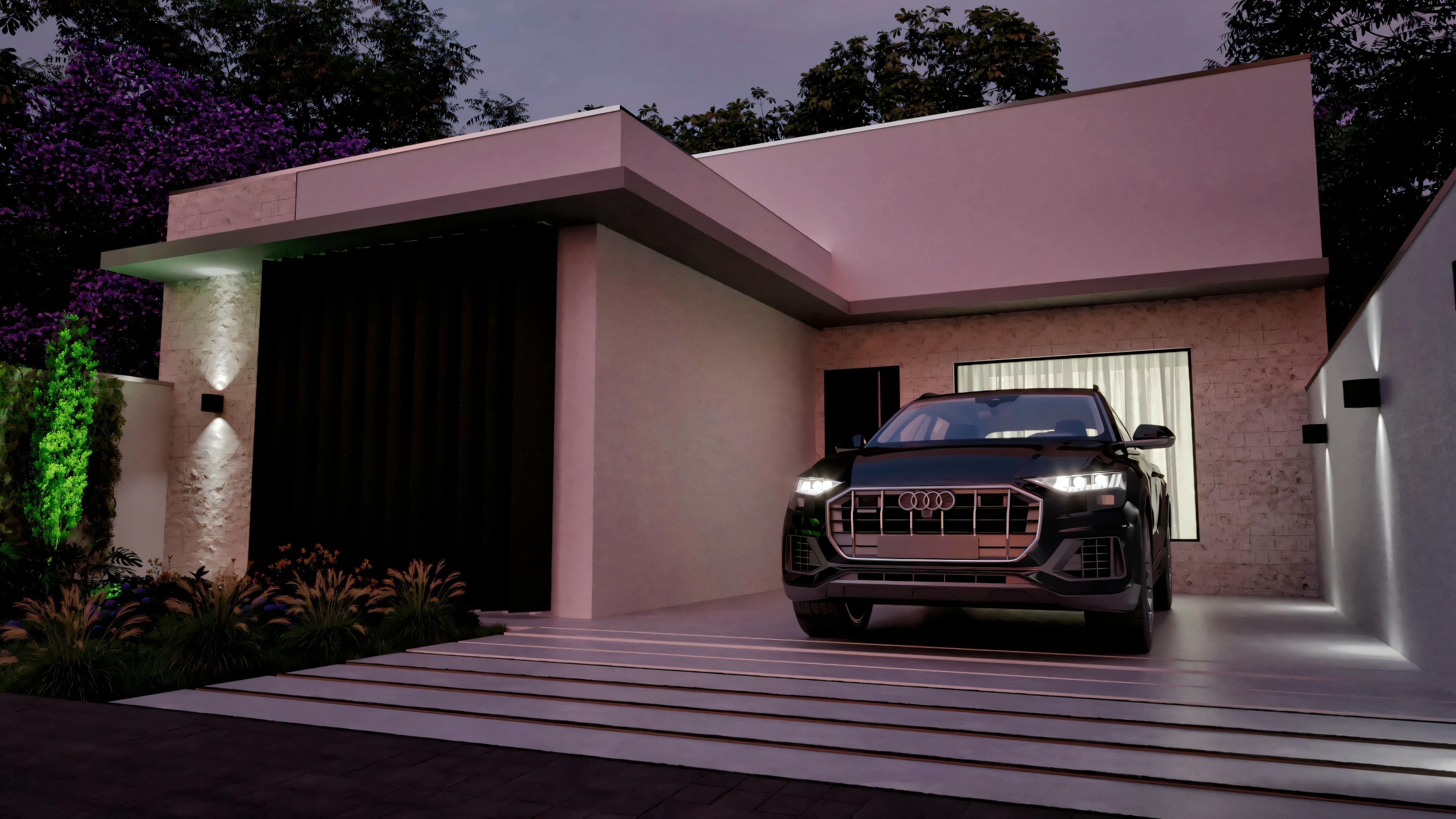 Modern house with flat roof, large windows, and illuminated interior, with car near the garage.