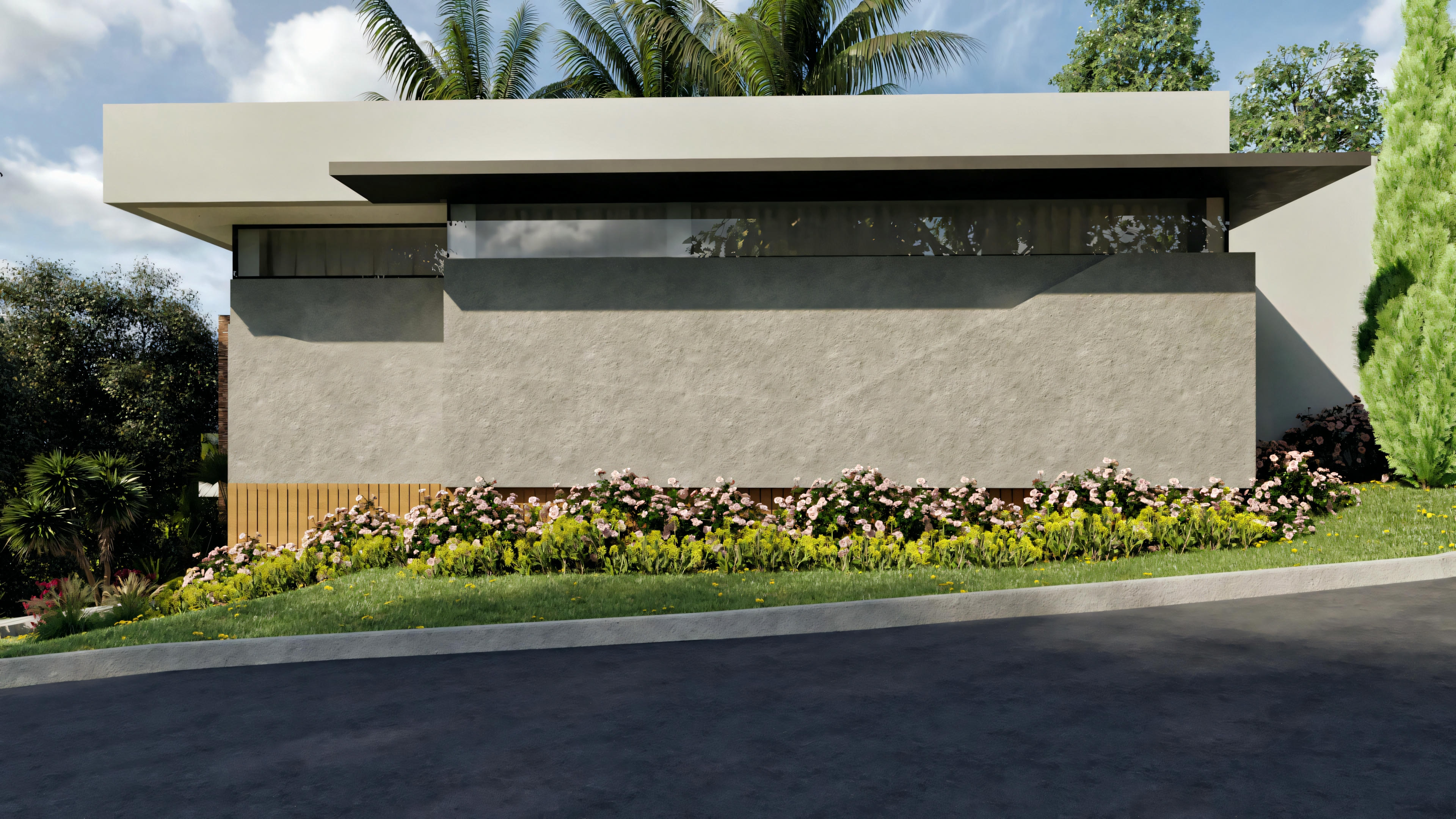 Modern house with a flat roof, large windows, and surrounded by lush vegetation.