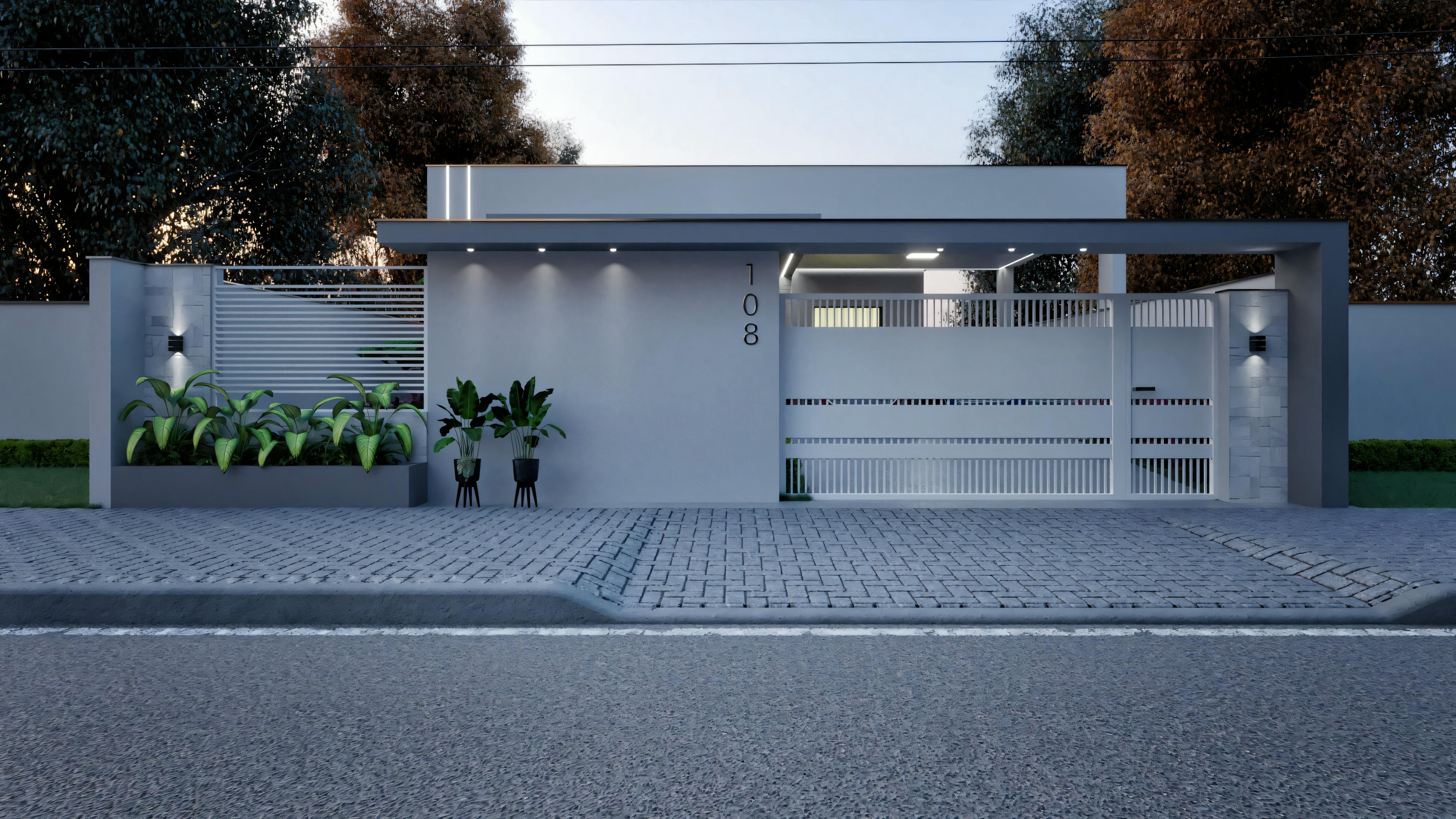 A modern house with a flat roof, closed white gate, and no visible windows from the front view.
