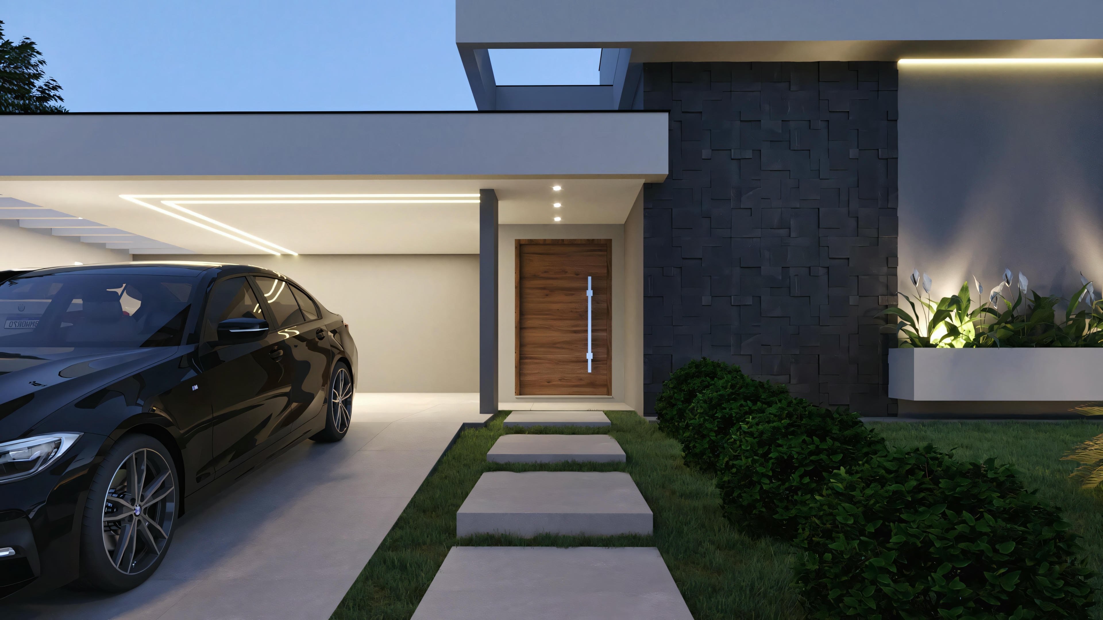 A modern house with prominent vertical lines in the design and a luxury car parked in the driveway.