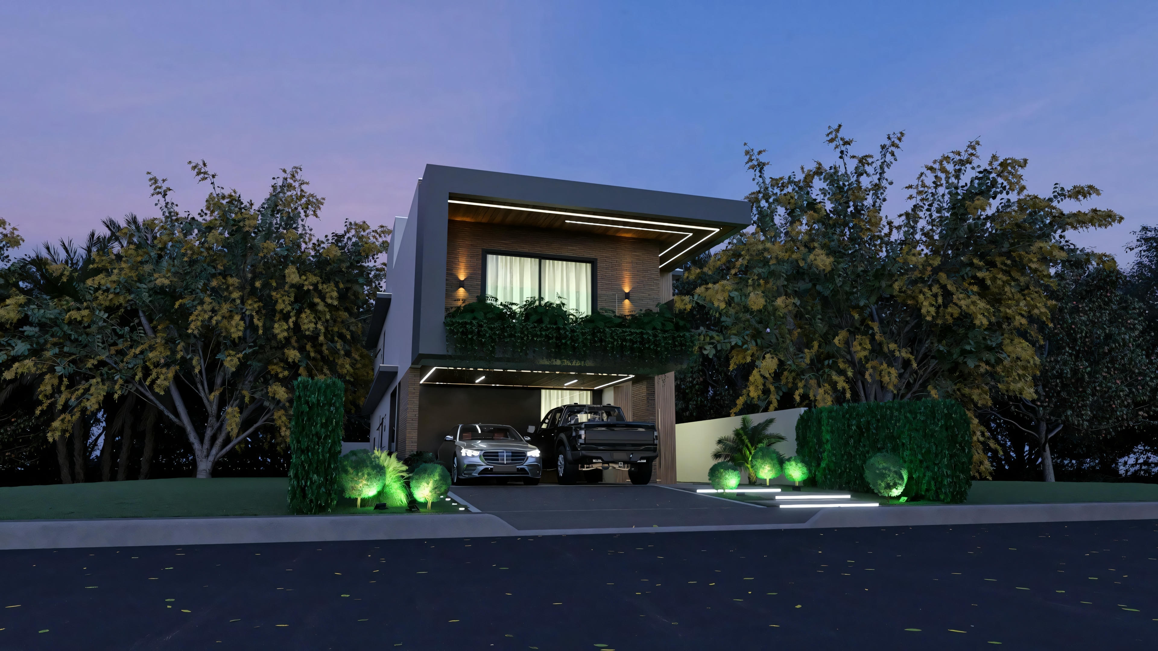 Facade of the 330m² modern-industrial two-story house lit at dusk, highlighting a double garage, balcony with vegetation, and decorative lights on the architecture.