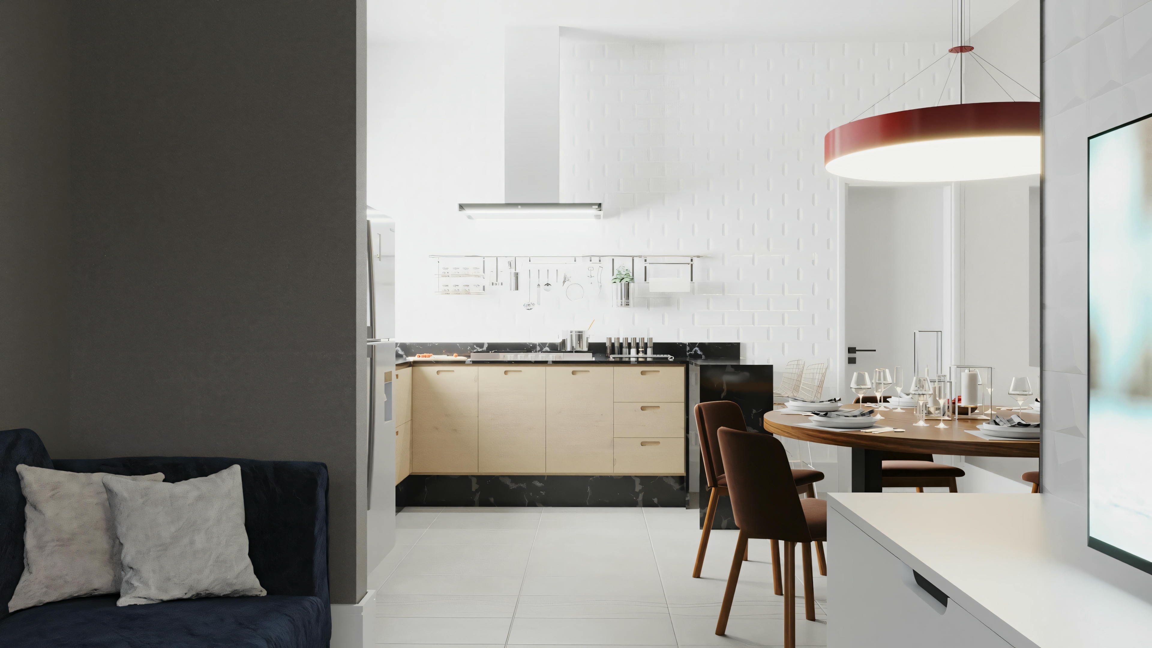 A modern kitchen with white cabinets, a central island with stools, and a dining area in the background.