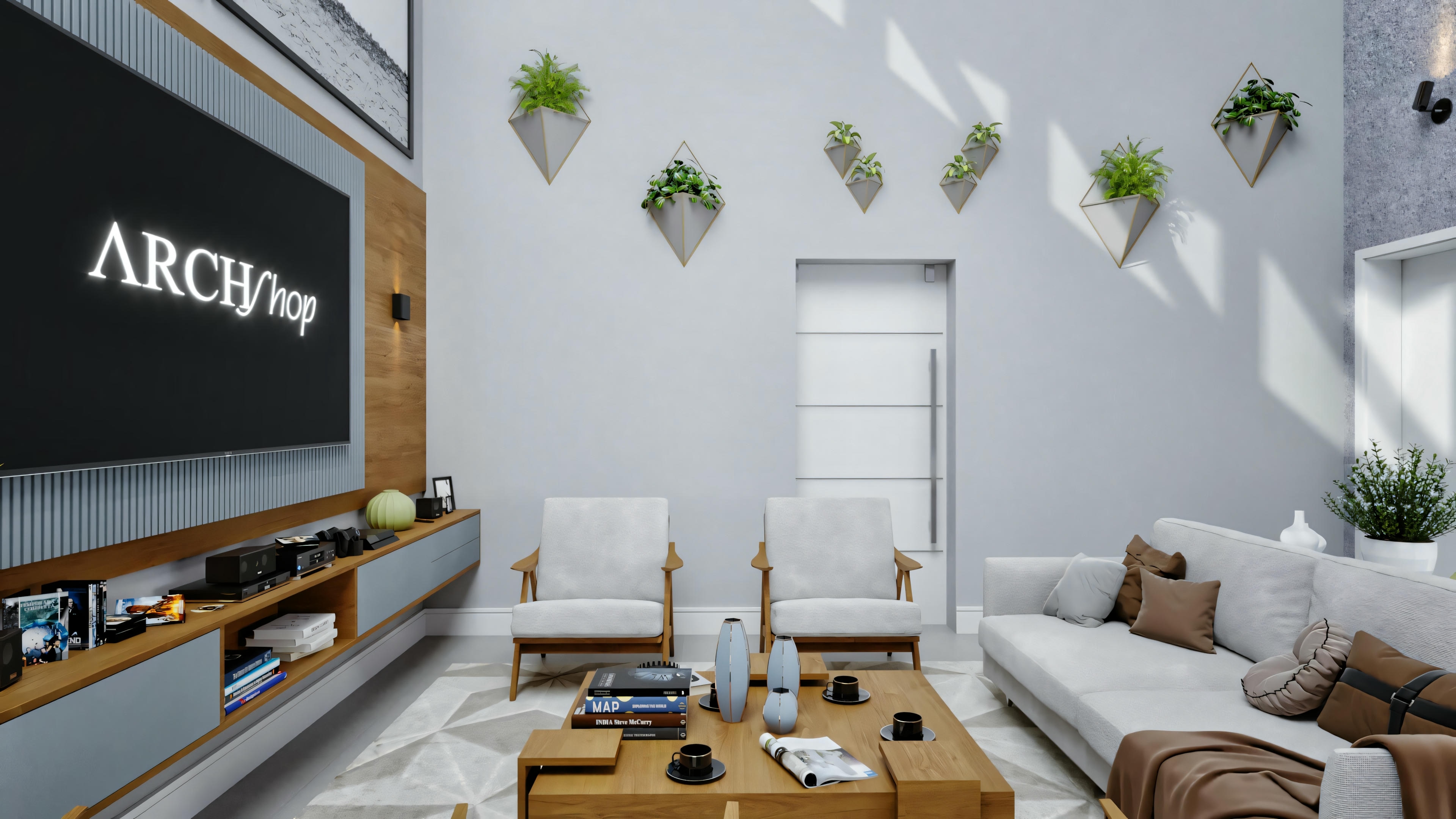 View of a modern living room with contemporary furniture, neutral color palette, plants, and artwork.