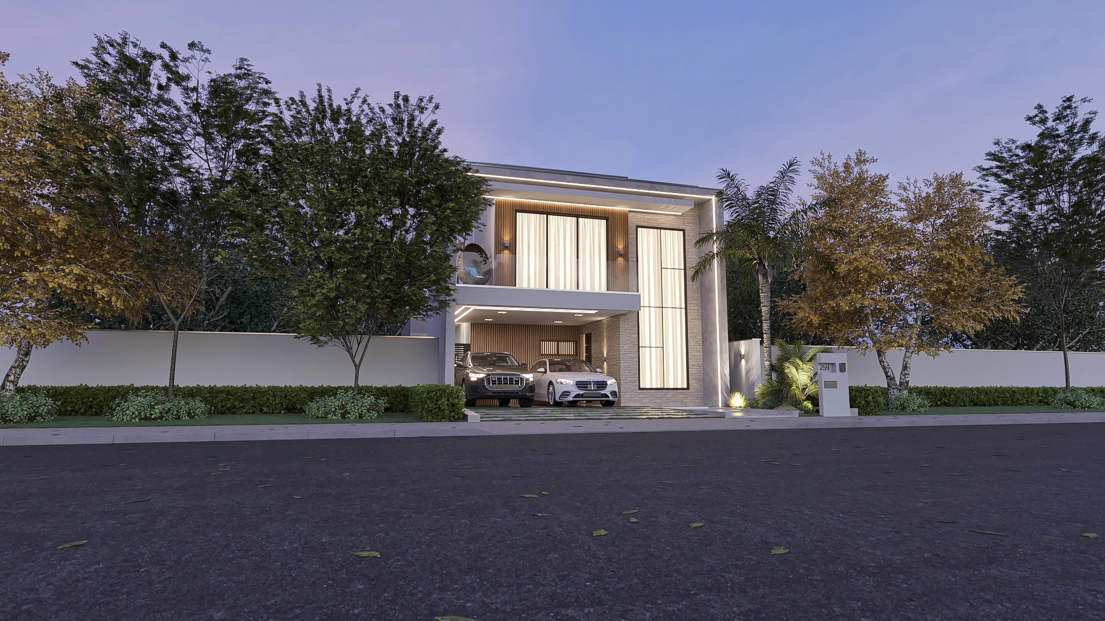 Modern facade of a two-story house with large glass windows, exposed concrete details, and LED lighting, integrated into the leisure area with a pool and gourmet space.