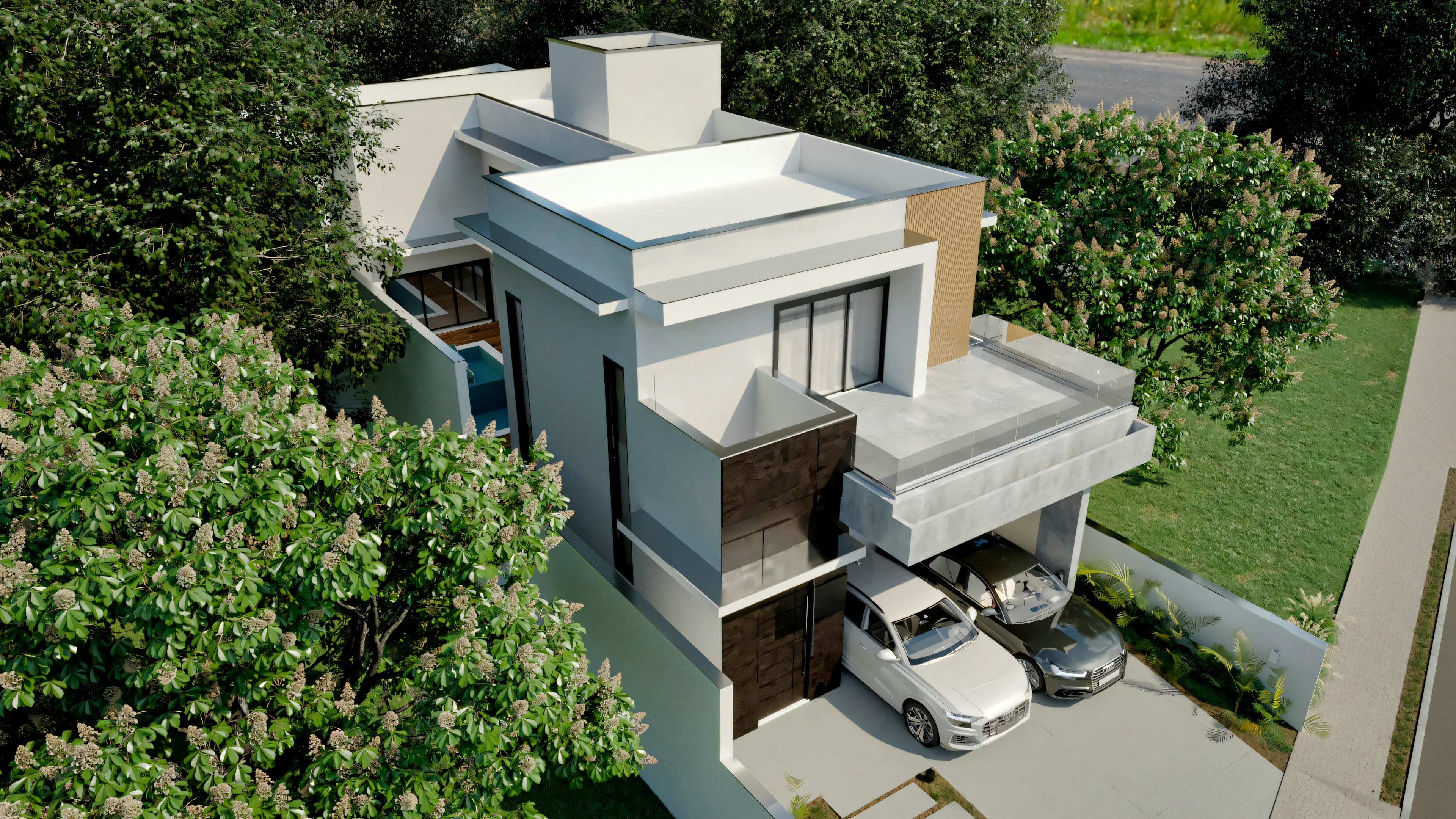 A modern two-story house with a flat roof, large windows, and an outdoor balcony.