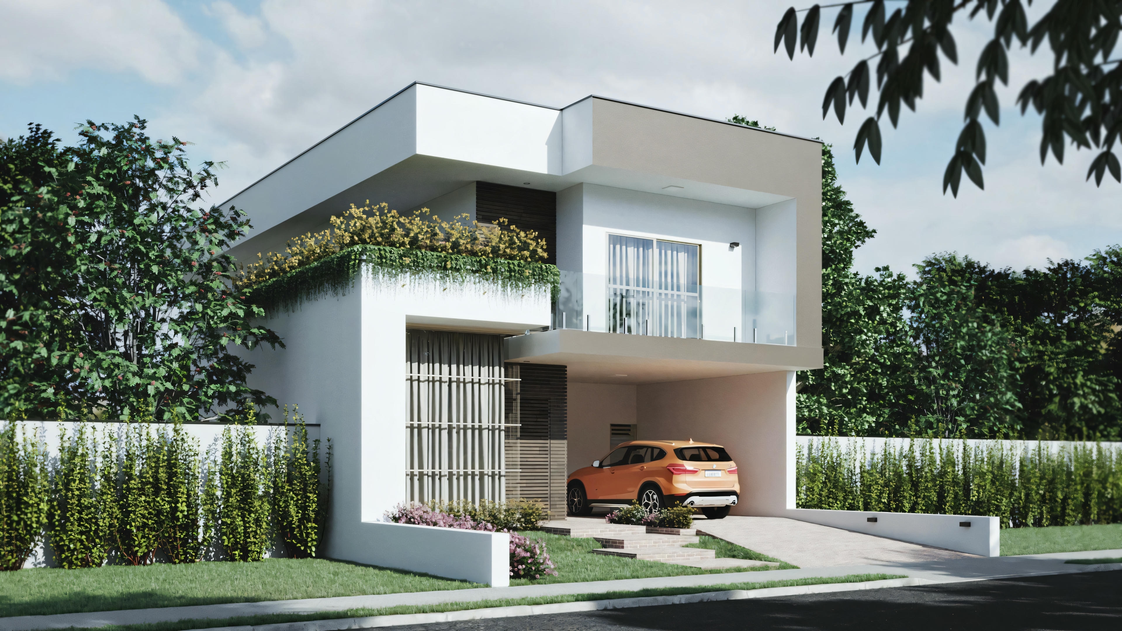 A modern two-story house with a flat roof, large windows, and an orange car parked in front.