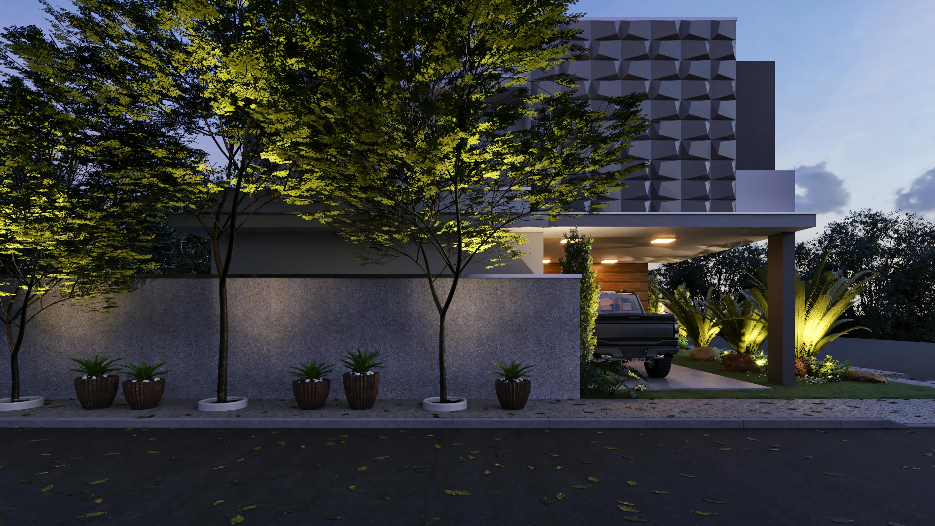 Night view of the side facade of a modern two-story model, with lighting highlighting the textured cladding and the entrance of the double garage. Two-story plan with 210.57sqm, 4 bedrooms (3 suites).