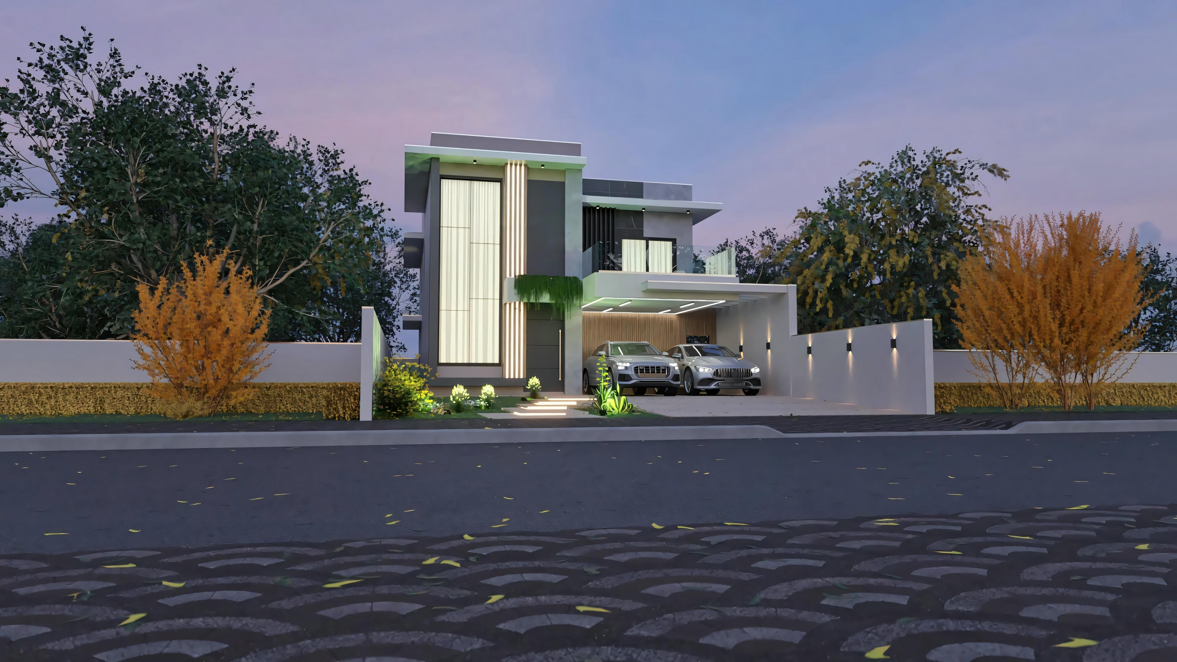Lighting project applied to the facade of a modern 3-bedroom two-story house, night view highlighting lights in the garage, garden, main window, and wall.