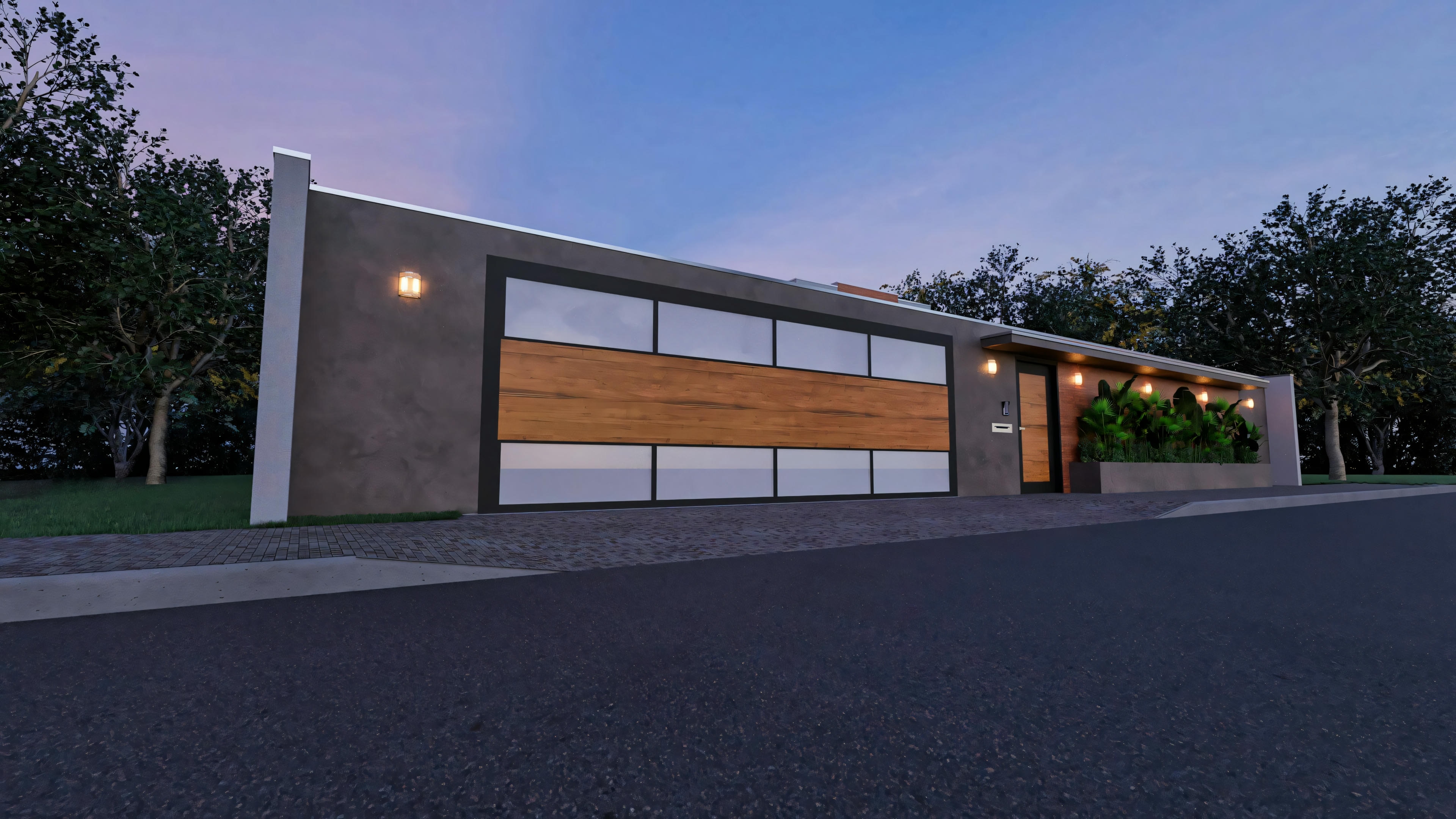 Night perspective view of the wall and gate of a bungalow house project with 3 suites (276.43m²); lighting highlights the modern design and access.