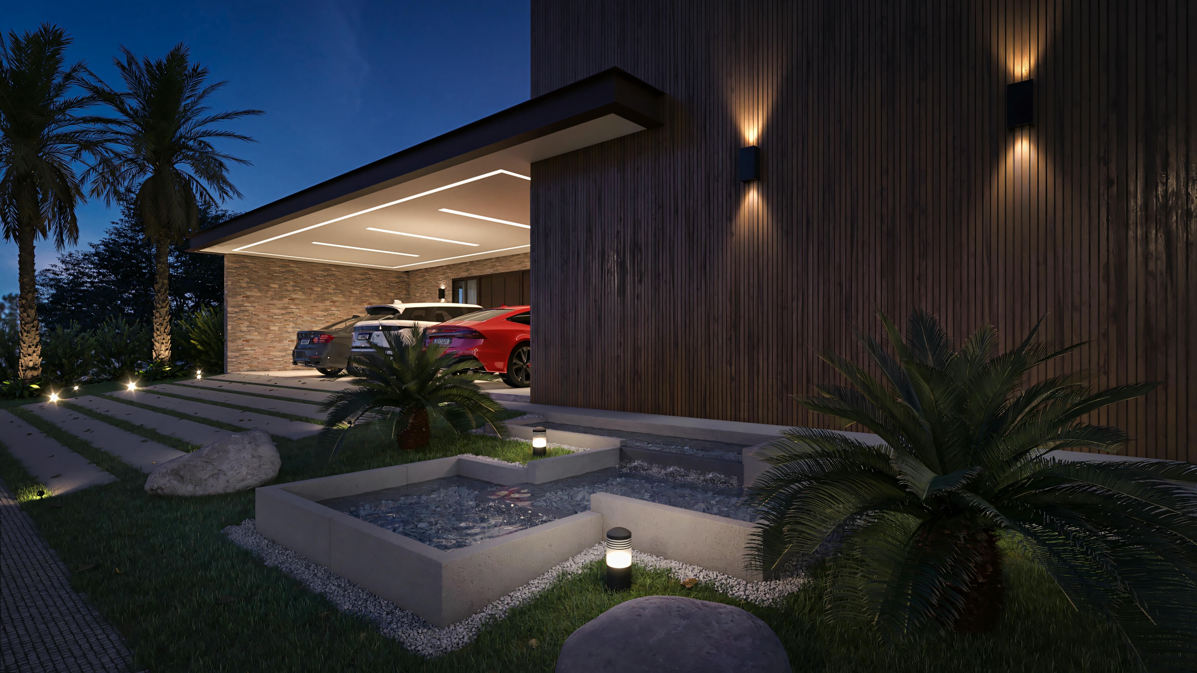 Paisagismo noturno de casa térrea de luxo, com iluminação destacando canteiros ou espelhos d'água em alvenaria com cycas e seixos, fachada em madeira vertical, e garagem com carros ao fundo, em terreno de 25x40.
