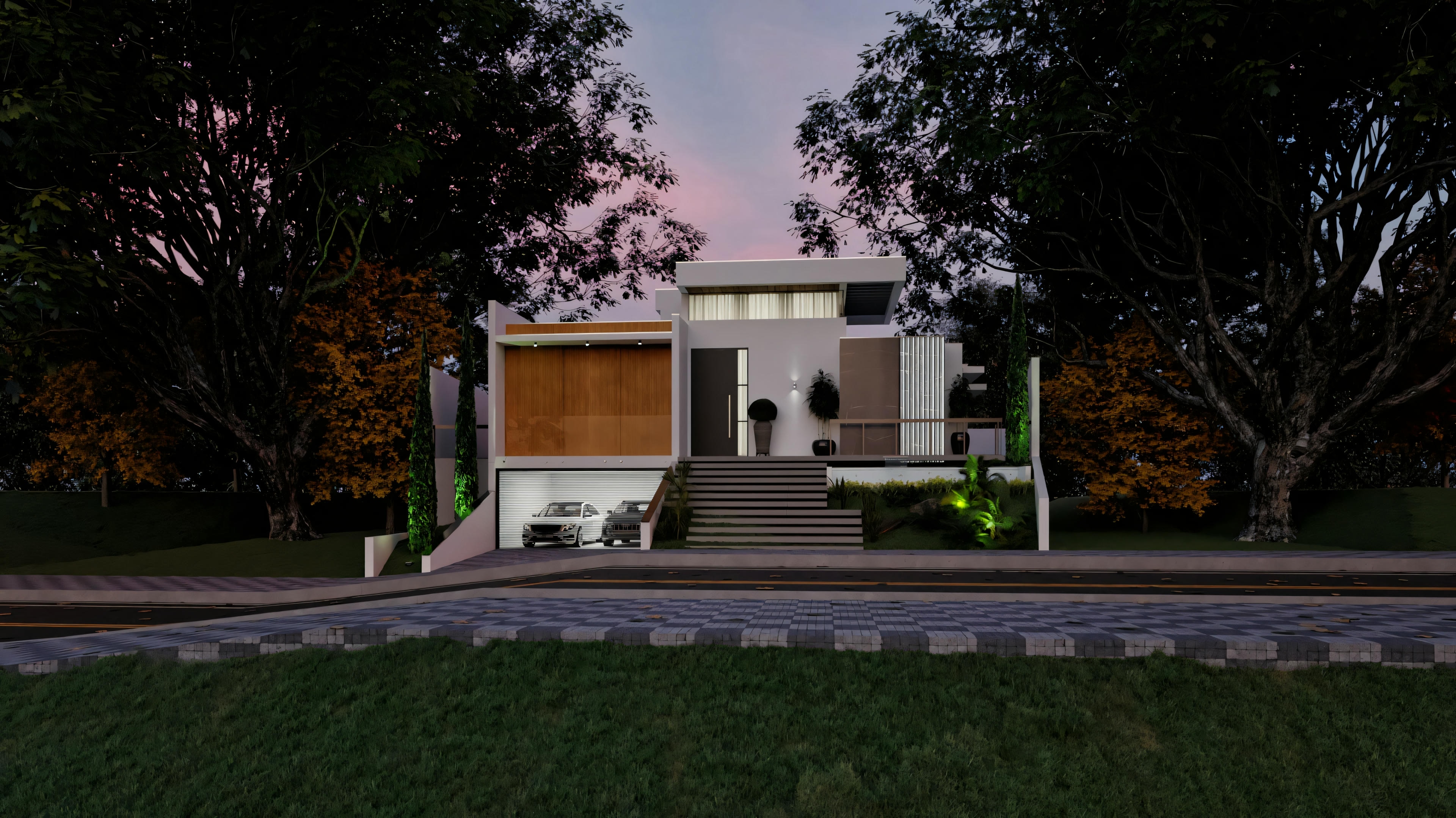 Vista ampla noturna do projeto residencial de luxo com 4 suítes, mostrando a fachada moderna iluminada, garagem dupla e entorno arborizado.