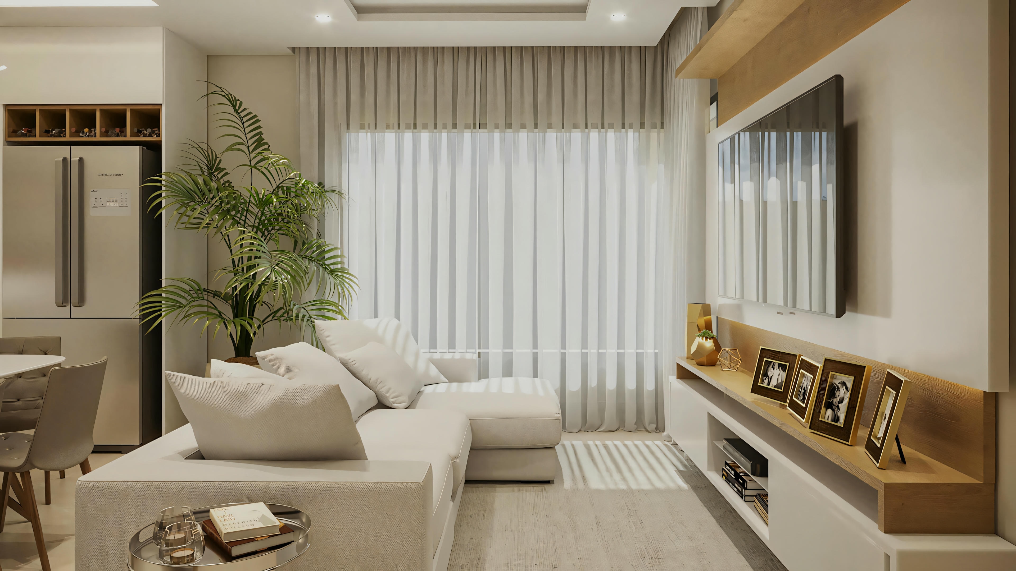 Detalhe da sala de estar do projeto pronto de casa térrea com 2 suítes (170.8m²). Foco no sofá confortável, painel de TV com acabamento em madeira e decoração moderna. Ambiente interno que faz parte da planta de casa com área social integrada e área gourmet.