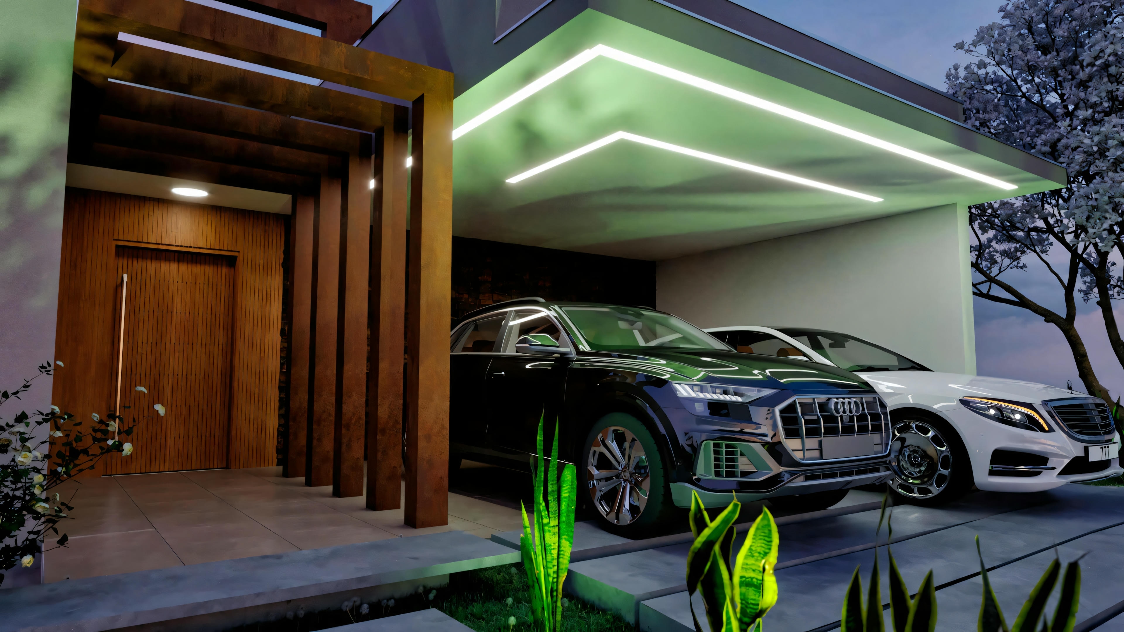 Detalhe noturno da entrada (porta e pergolado em madeira) e garagem para 2 carros com iluminação embutida, parte de projeto pronto de casa térrea com 5 suítes (364.7m²).