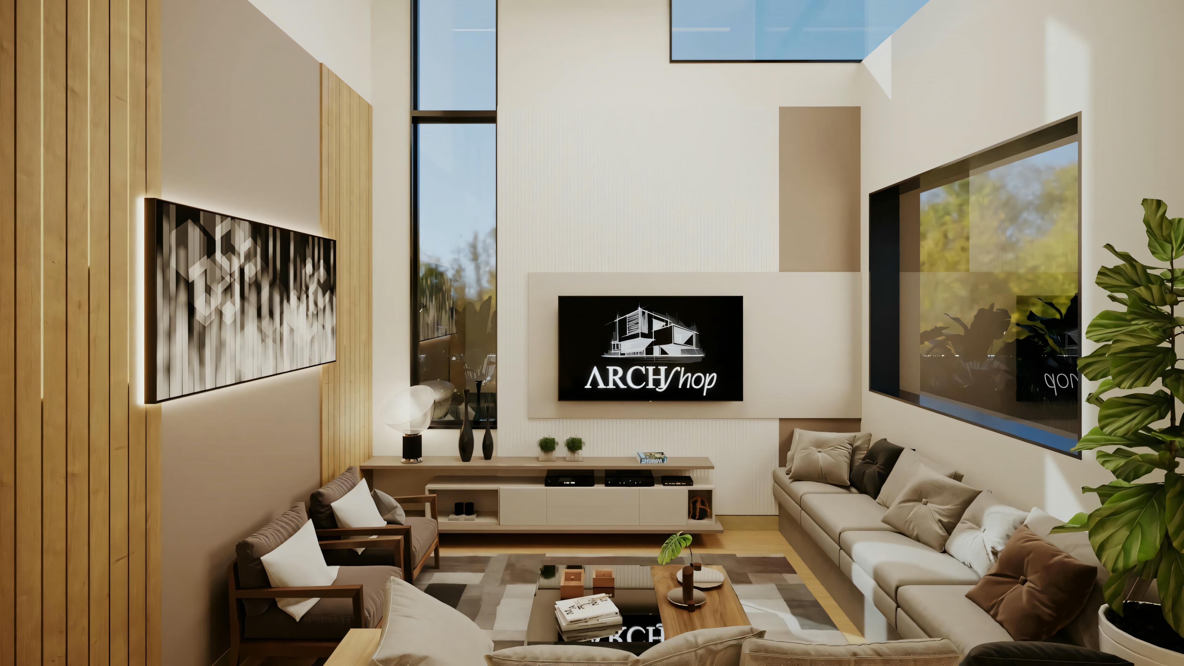 Uma sala de estar com televisão montada na parede, sofás confortáveis e decoração contemporânea.