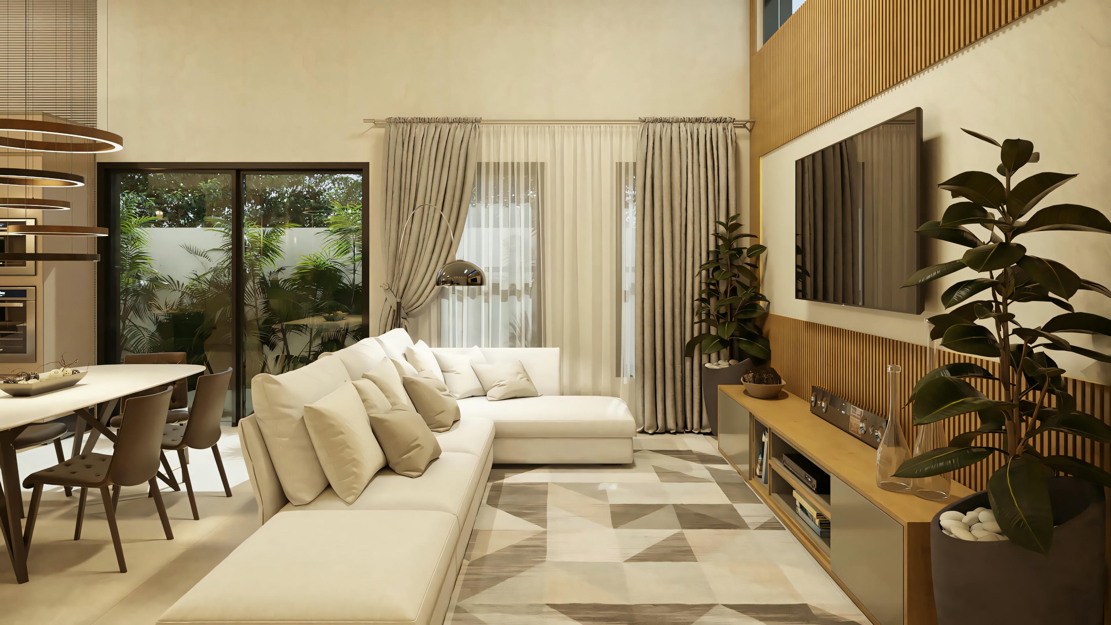 Sala de estar moderna com sofás, mesa de centro e plantas decorativas.