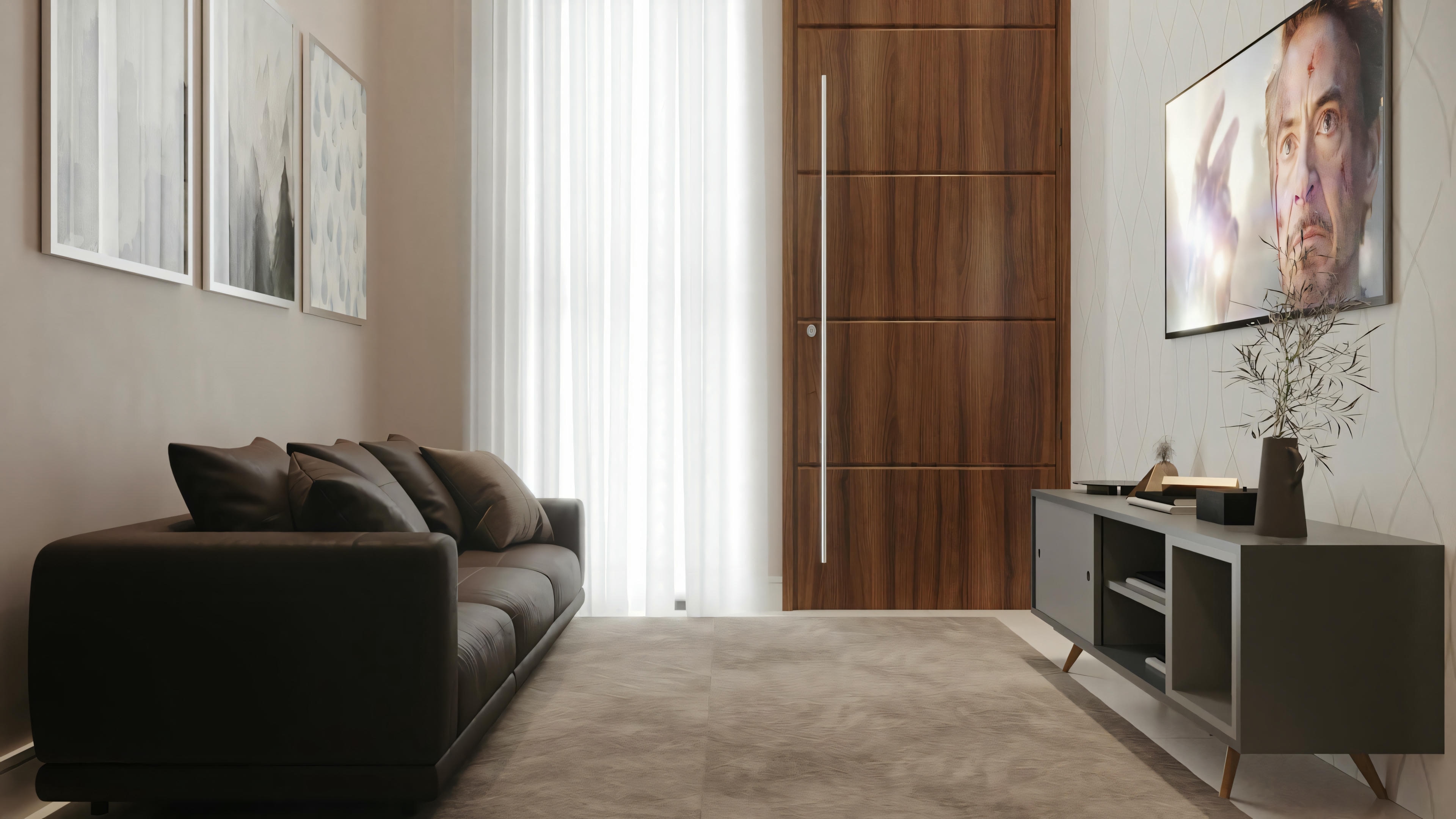 Una sala de estar moderna con sofá gris oscuro, mesa de centro pequeña y televisión en un mueble.