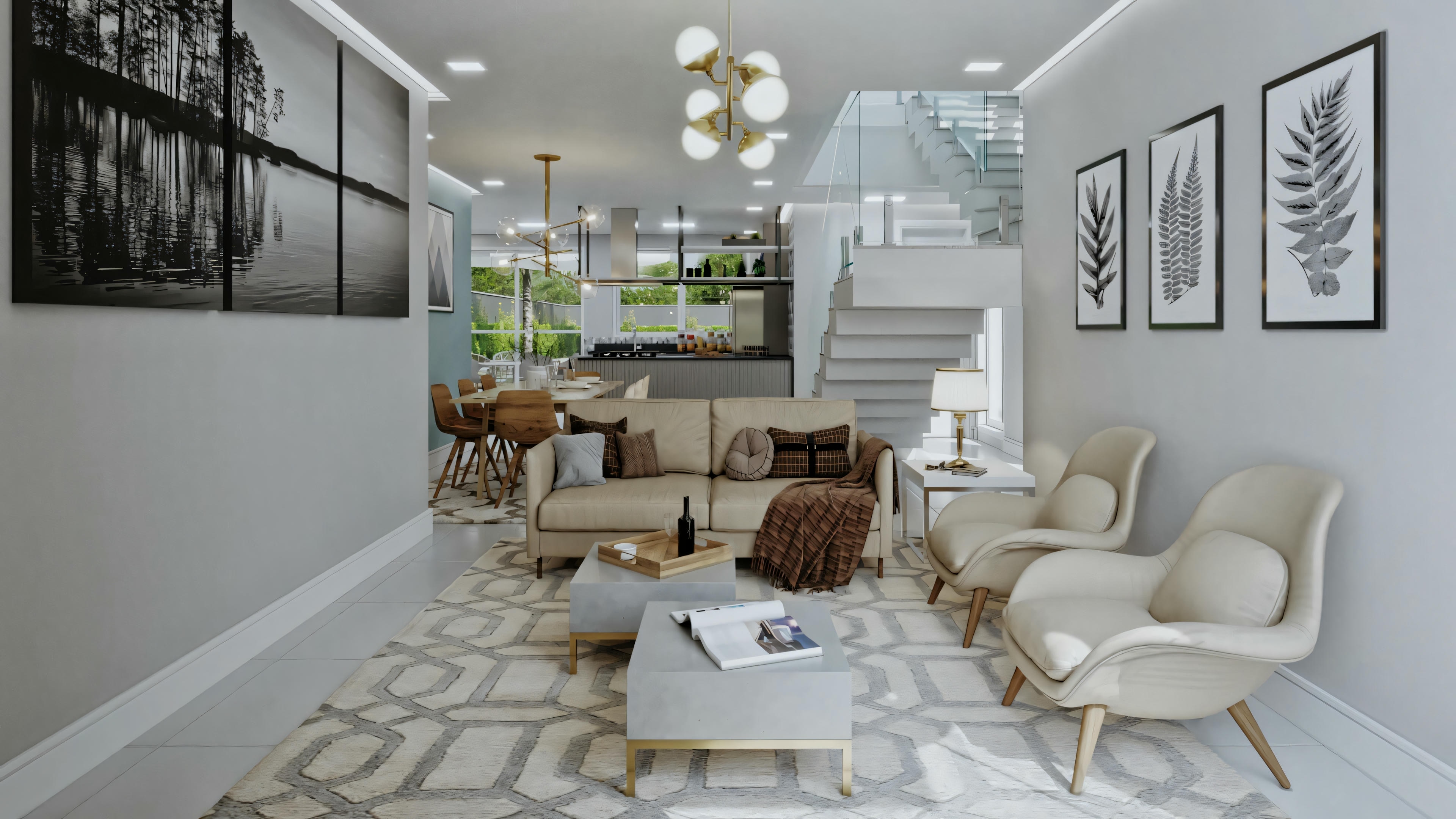 Sala de estar espaçosa com móveis modernos, incluindo sofás, cadeiras, mesa de centro e itens decorativos sob iluminação quente.