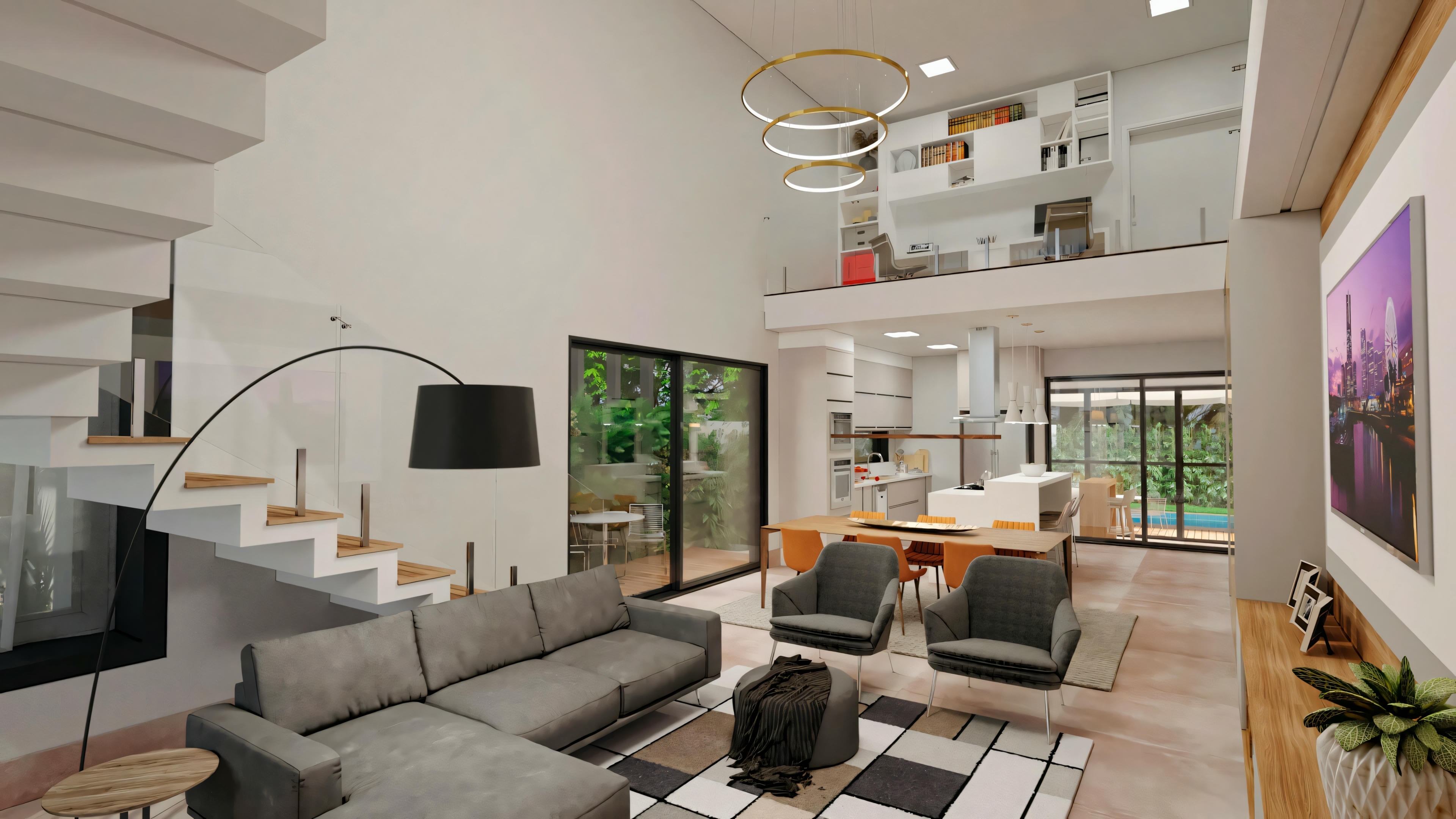 Sala de estar espaciosa con techo alto, área de estar confortable y una escalera abierta que lleva al nivel superior.