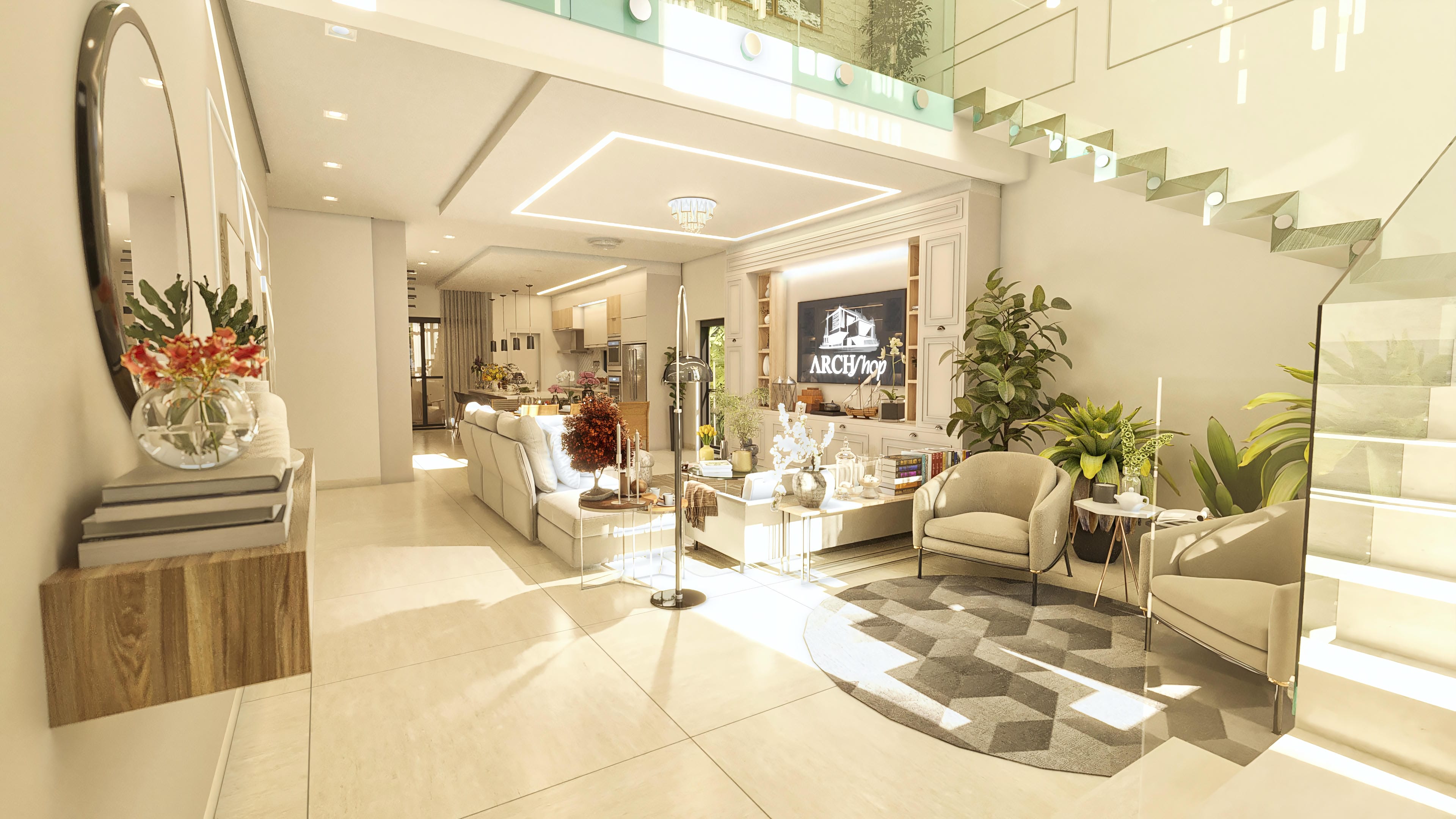 Interior luxuoso de um sobrado moderno com sala de estar, cozinha integrada e escada imponente. Design contemporâneo com toques clássicos em acabamentos e iluminação.