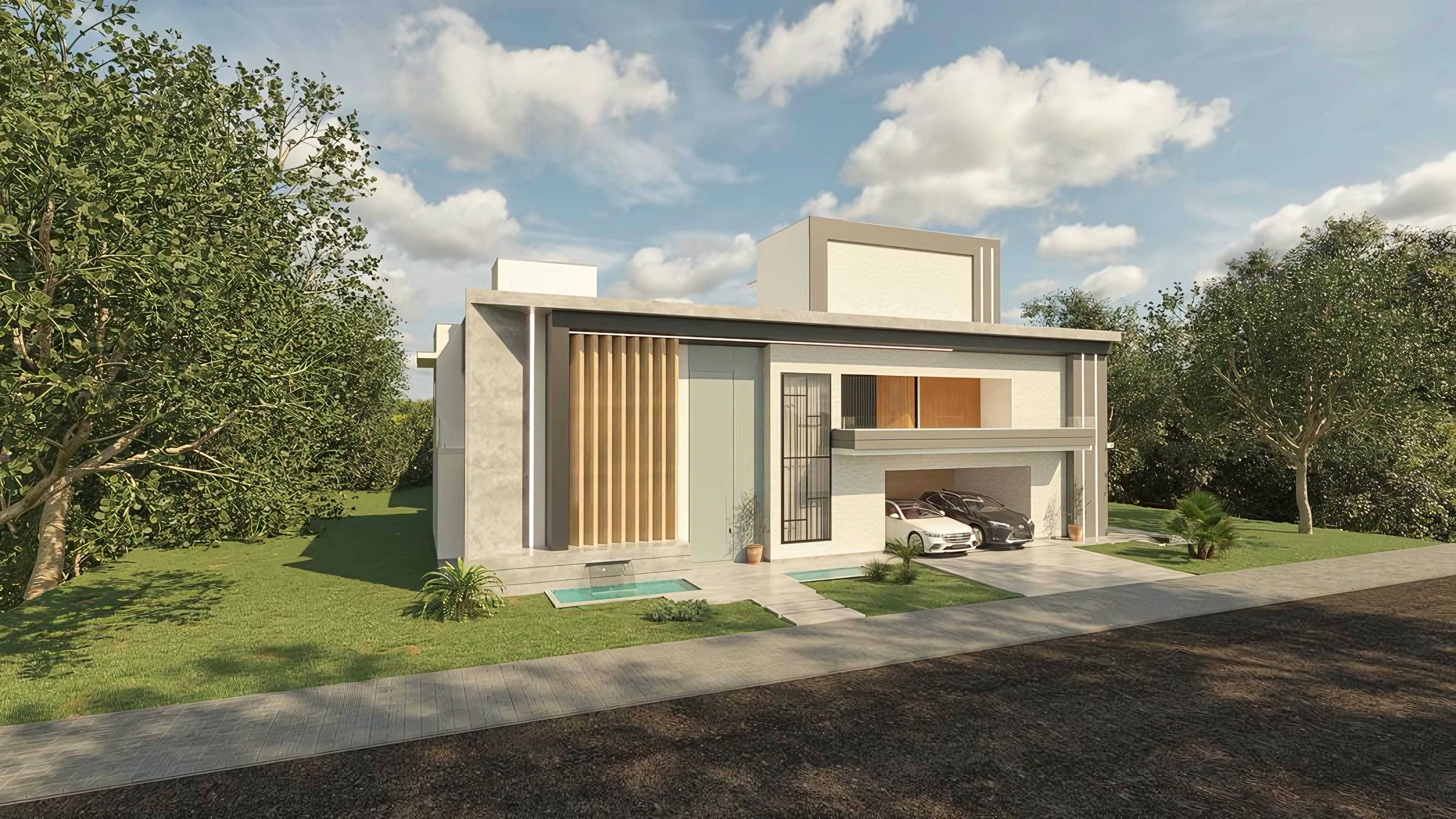 Fachada moderna de sobrado de luxo com praia artificial, área gourmet integrada e paisagismo exuberante.