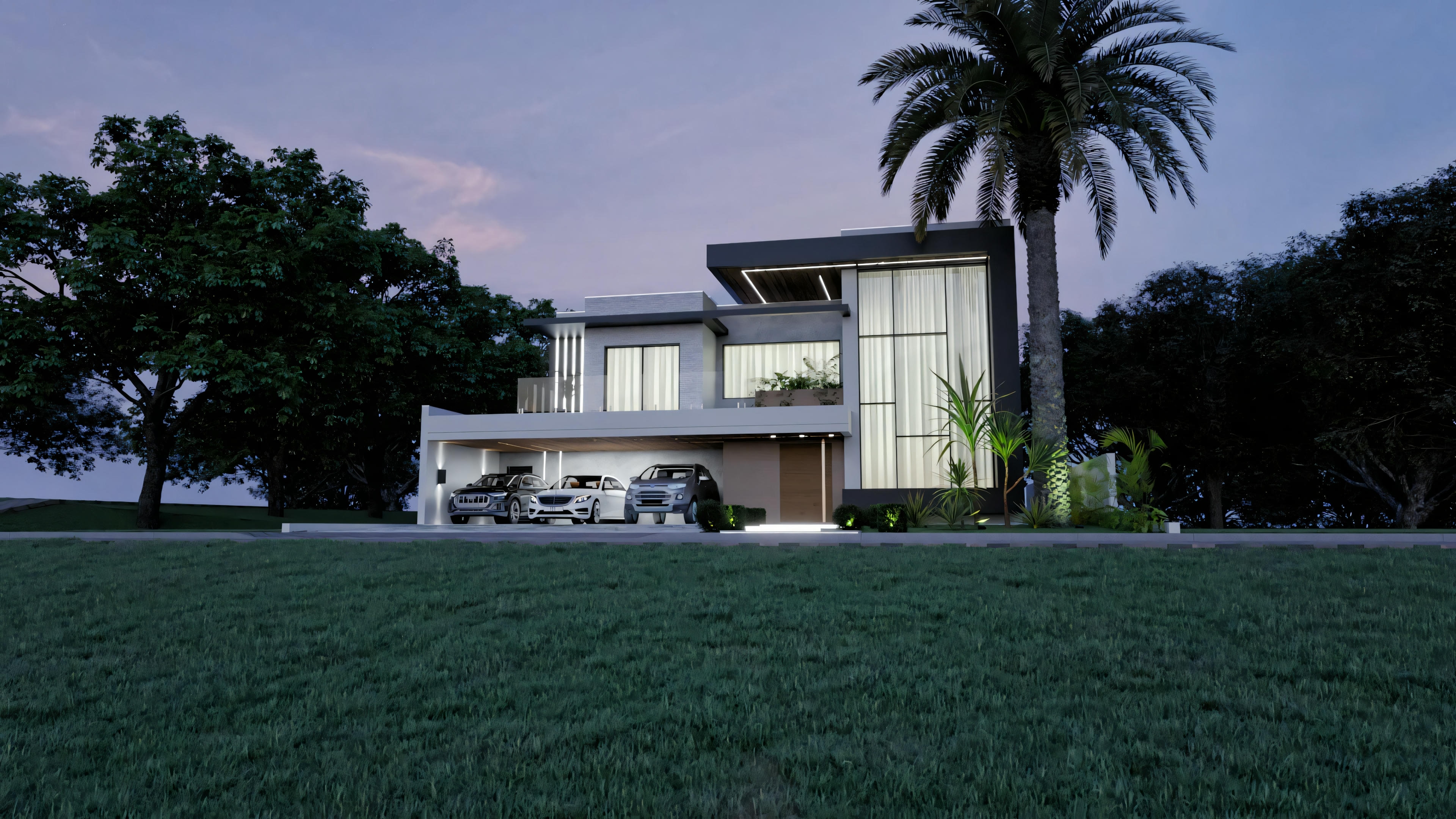 Vista amplia nocturna del proyecto de casa moderna e imponente en terreno 20x35. Fachada con iluminación destacando el garaje para 3 autos, paisajismo y arquitectura. Mansión con 555.9m² y 4 suites.