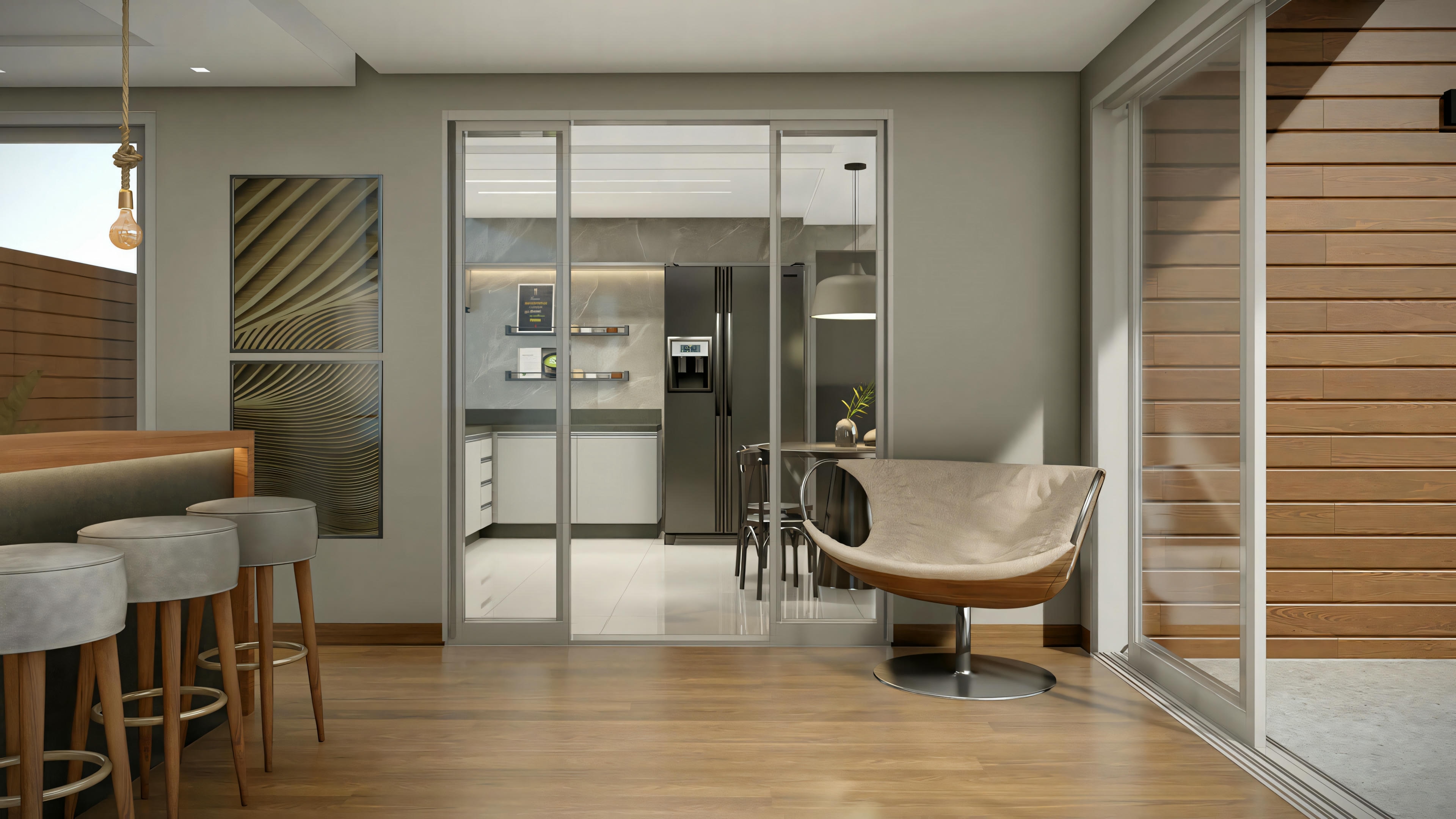 Taburetes, área de comedor y sala de estar con sillón moderno y grandes ventanales.
