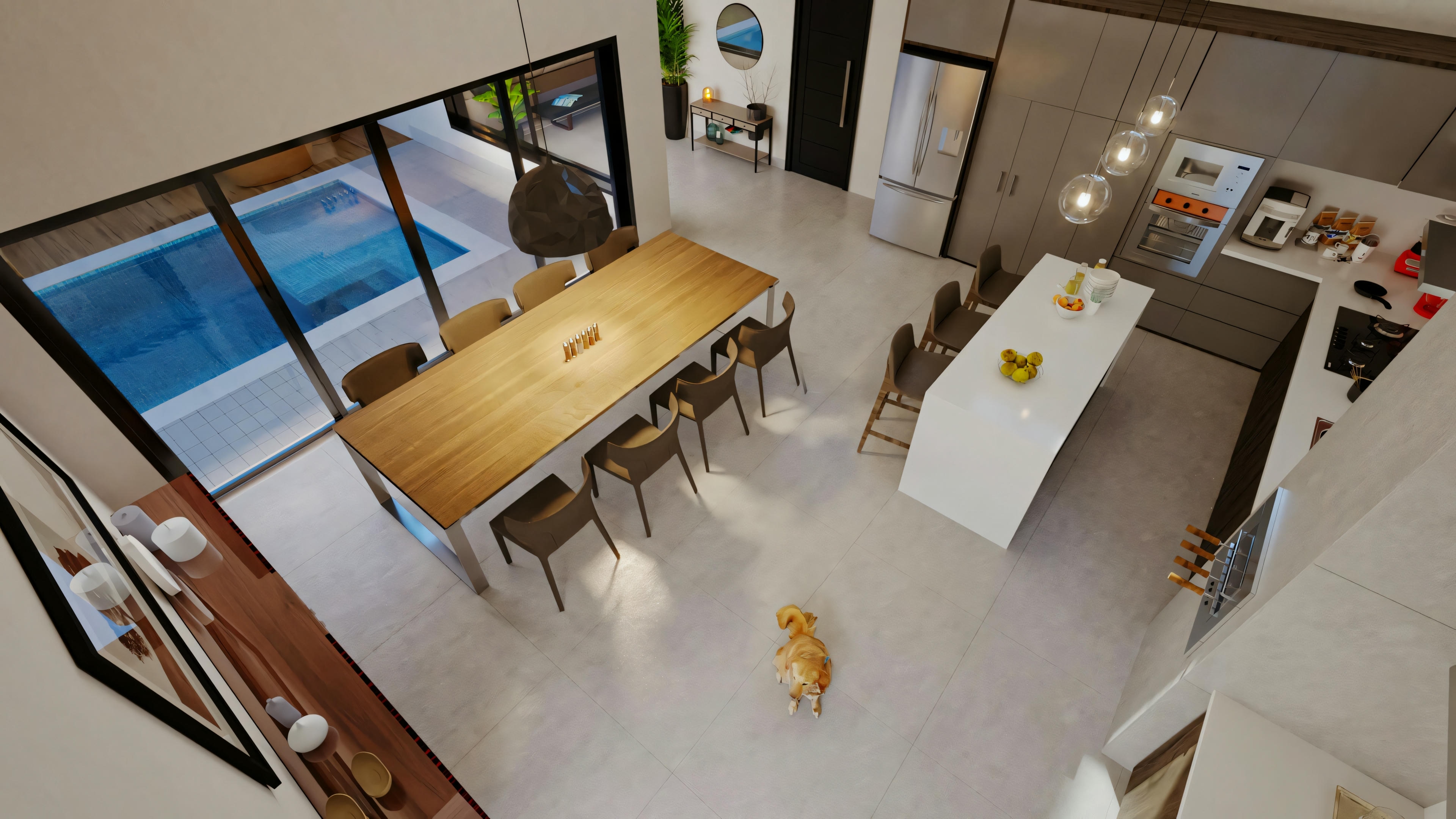 Área de jantar com cadeiras ao redor de uma mesa posta com pratos e guardanapos.