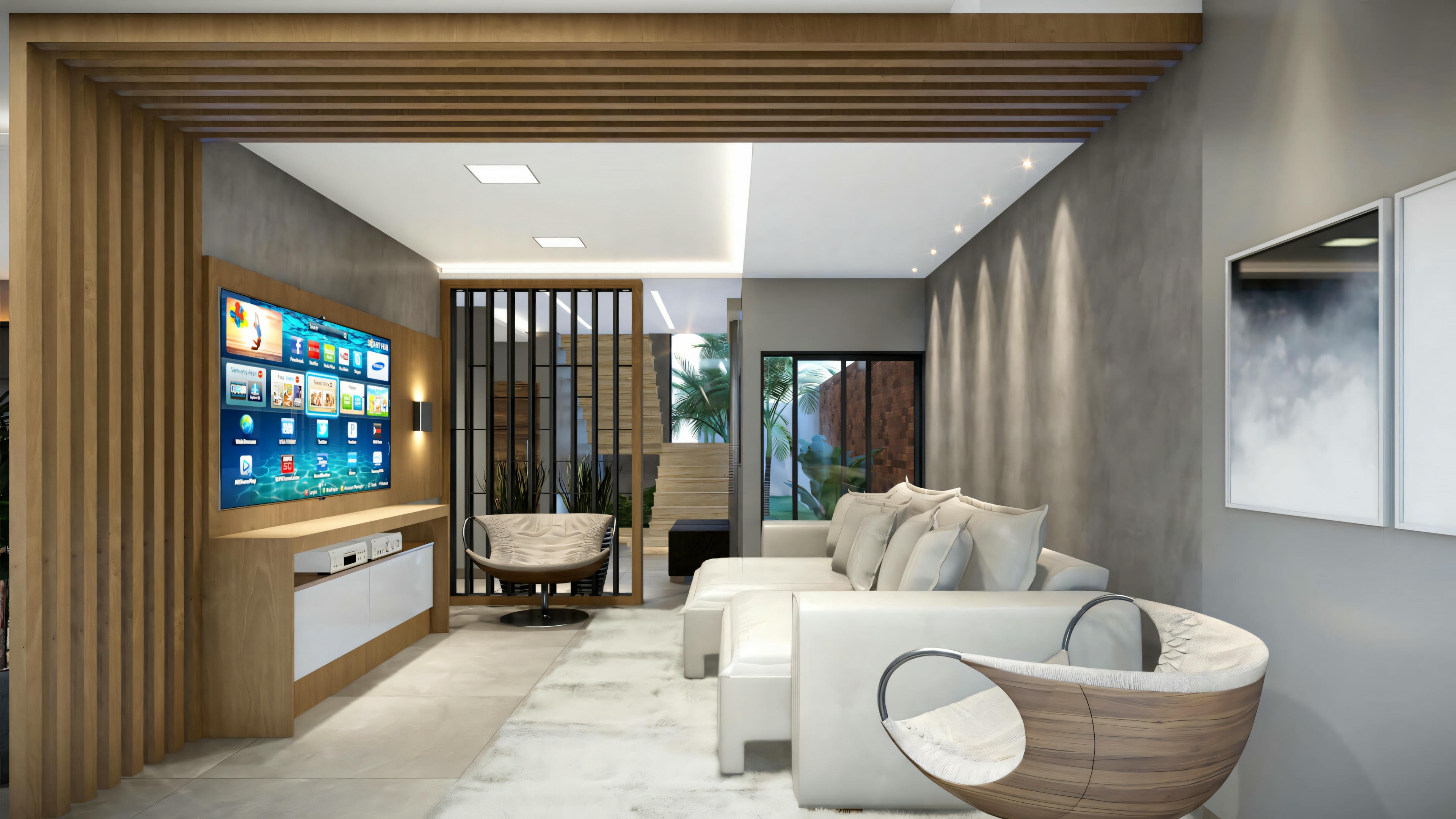 Área de estar acogedora con diseño moderno, sofá, sillón y detalles en madera en el techo y en las paredes.
