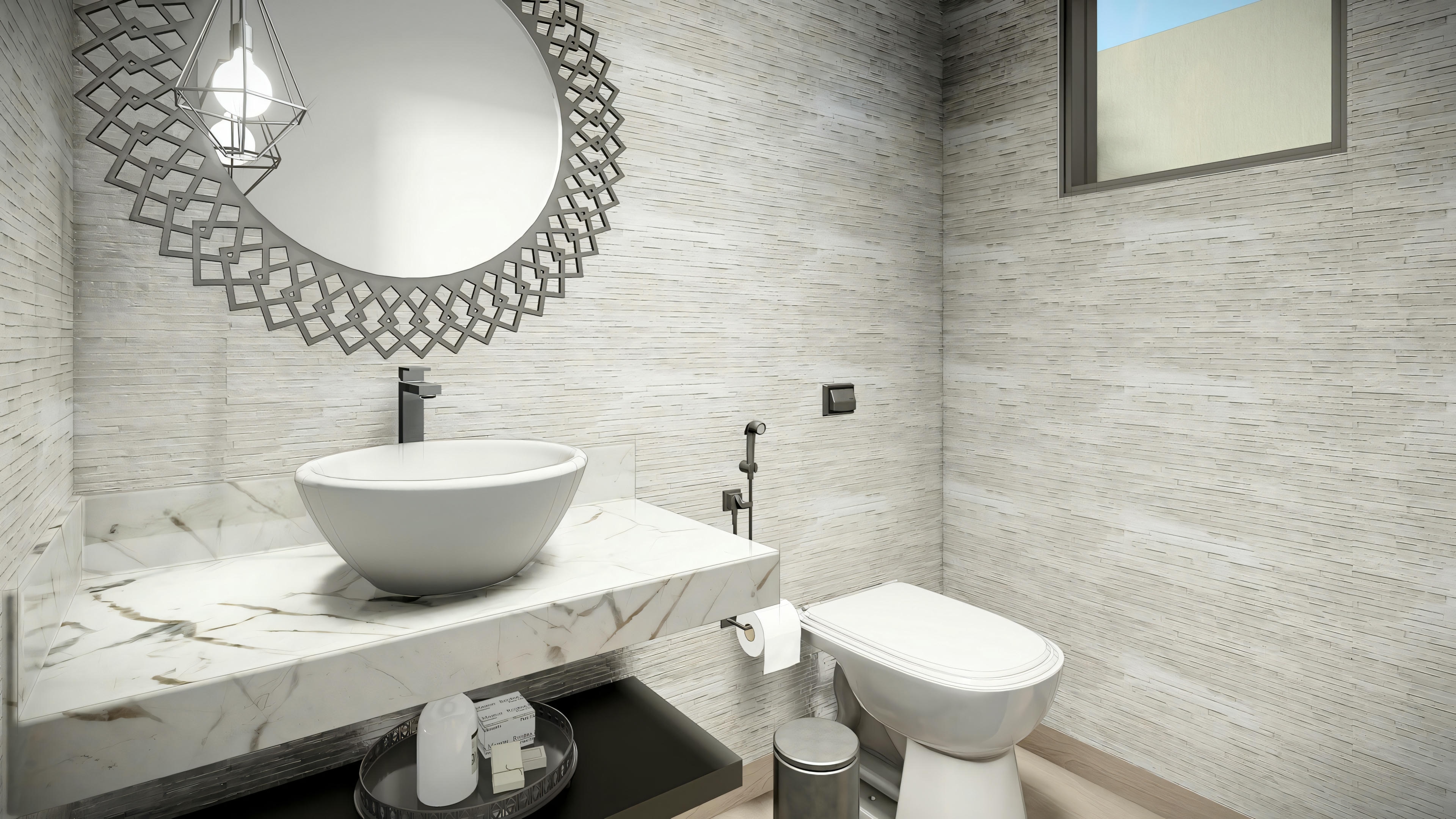 Um banheiro com acessórios modernos, incluindo uma pia, espelho e vaso sanitário, contra um fundo de azulejos cinza texturizados.