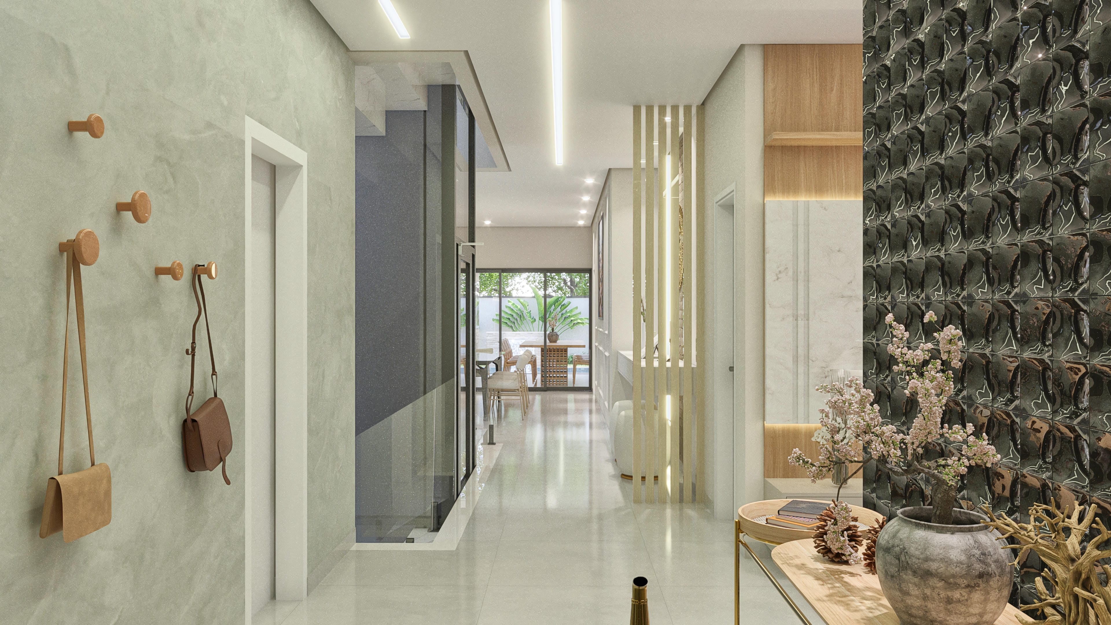 Interior de una casa de dos pisos moderna con 4 suites, área gourmet y oficina en casa. Destacan las paredes texturizadas, escalera con barandilla de cristal, divisores alistonados y acabados en tonos neutros.