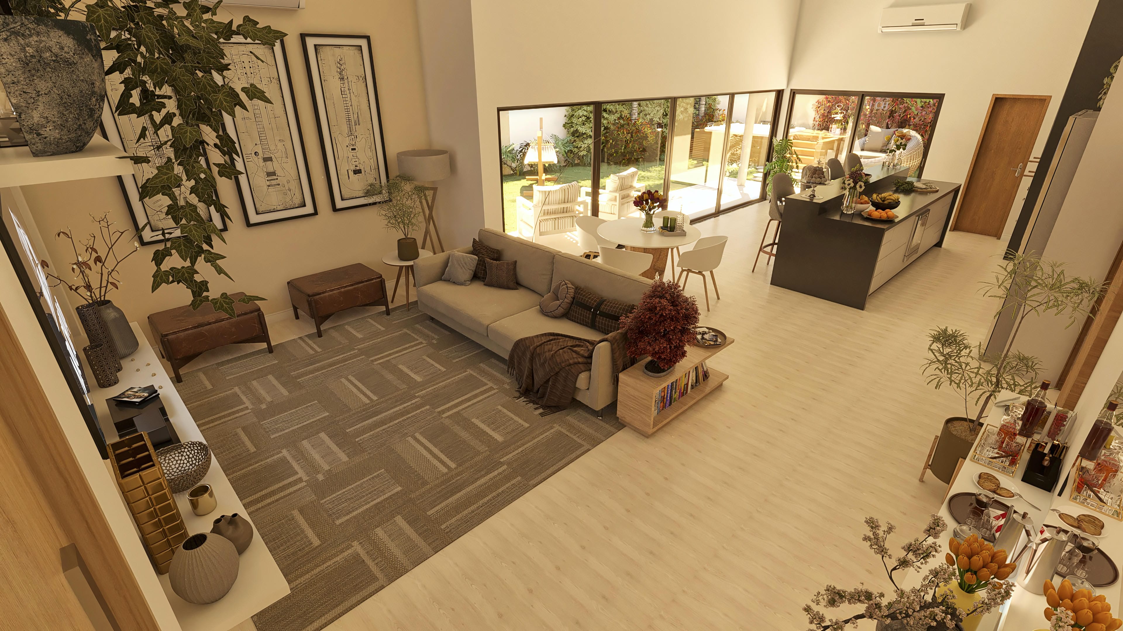 Interior de casa térrea moderna com sala de estar integrada à cozinha gourmet e área externa. Destaque para sofá amplo, mesa de jantar, bancada com banquetas e amplas janelas.