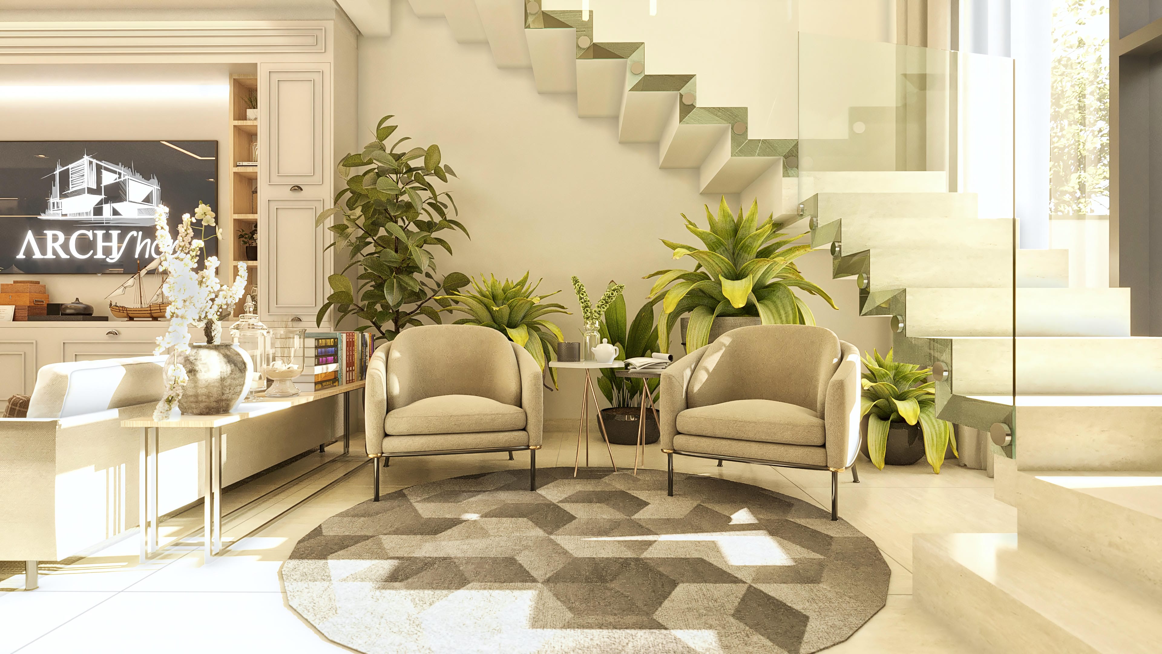 Interior de casa de dos niveles elegante con escalera flotante de vidrio, sillones cómodos e iluminación natural. Detalles clásicos en molduras y mobiliario.