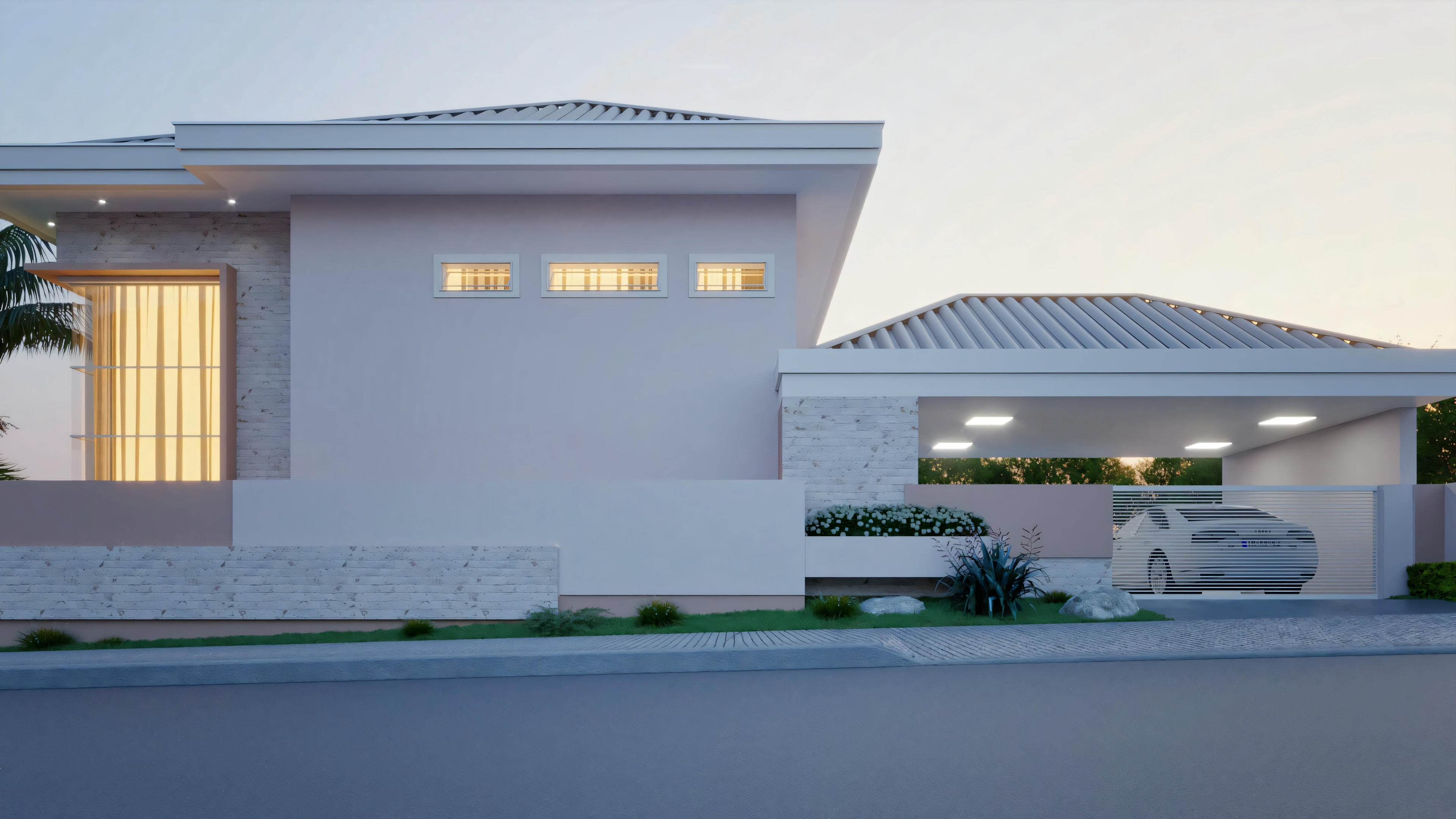 Uma casa moderna com design de um andar, janelas grandes e jardim paisagístico.