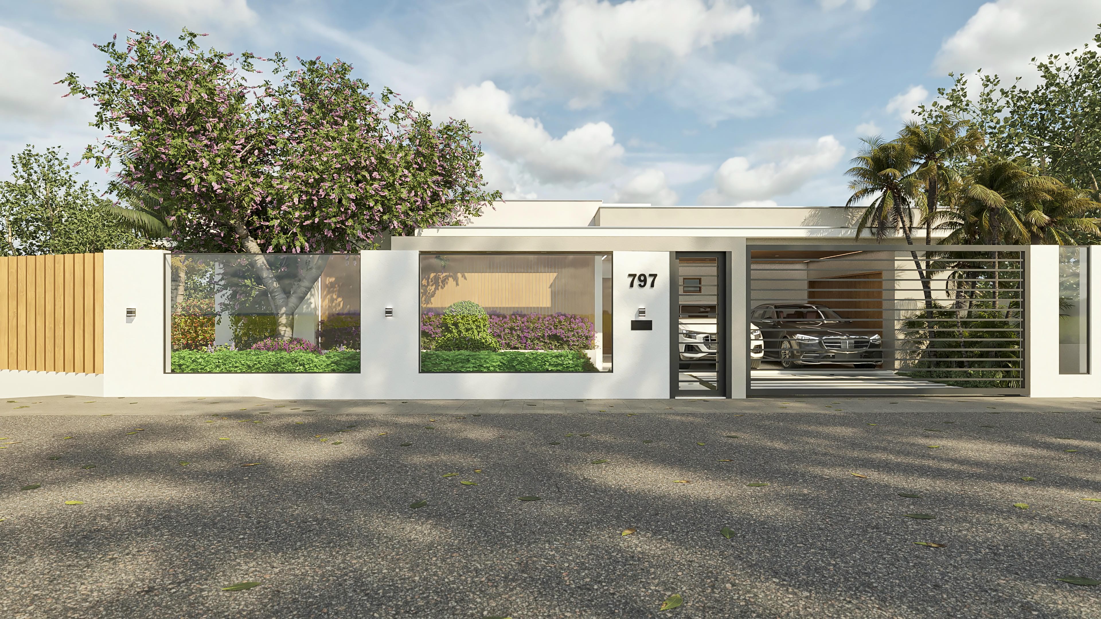Fachada de casa de una planta moderna en tonos de blanco y madera, con amplias ventanas, garaje integrado y paisajismo exuberante com flores y follajes.