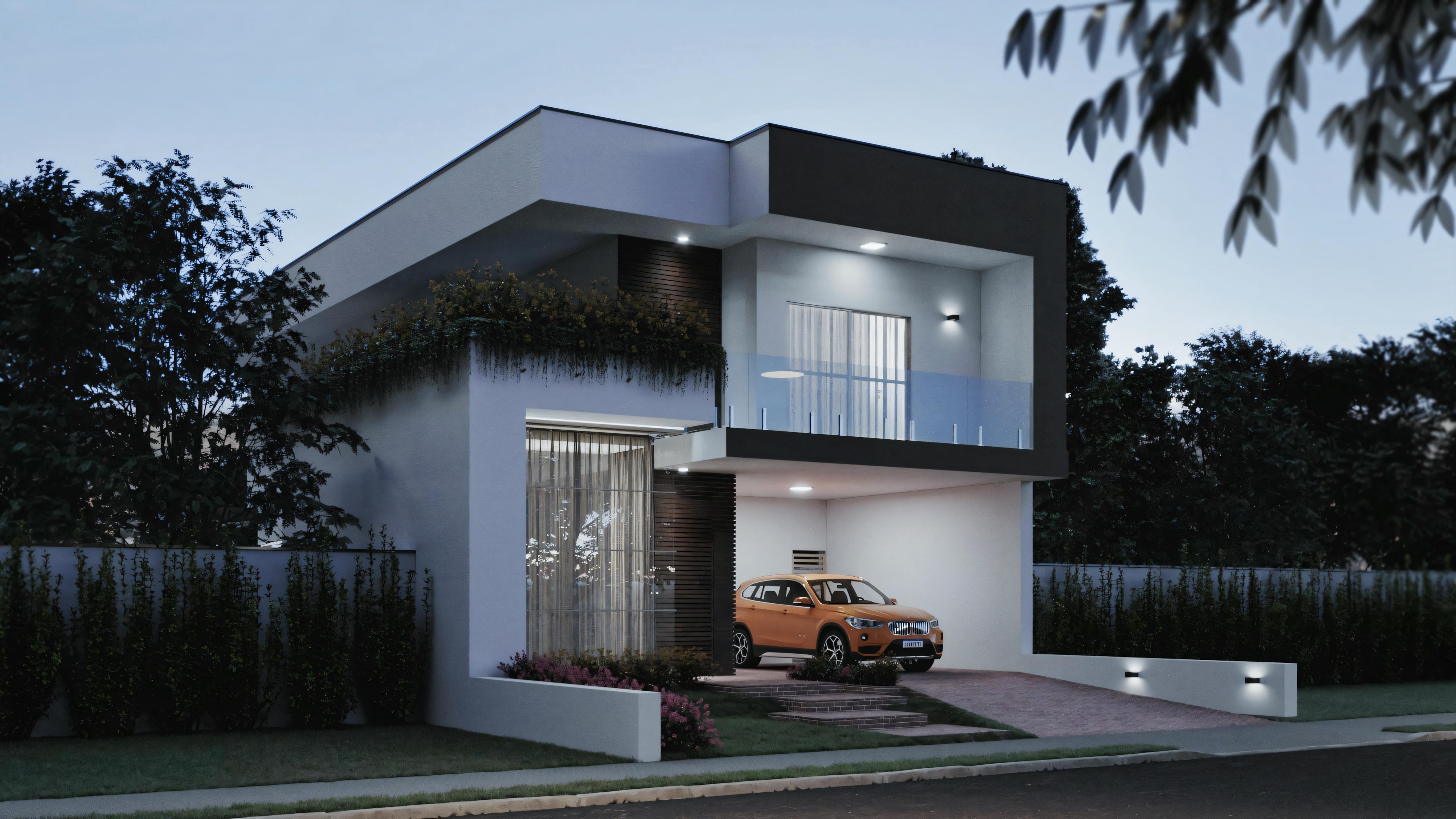 Exterior de una casa moderna de dos pisos al atardecer, con ventanas iluminadas y un coche naranja estacionado en la entrada.