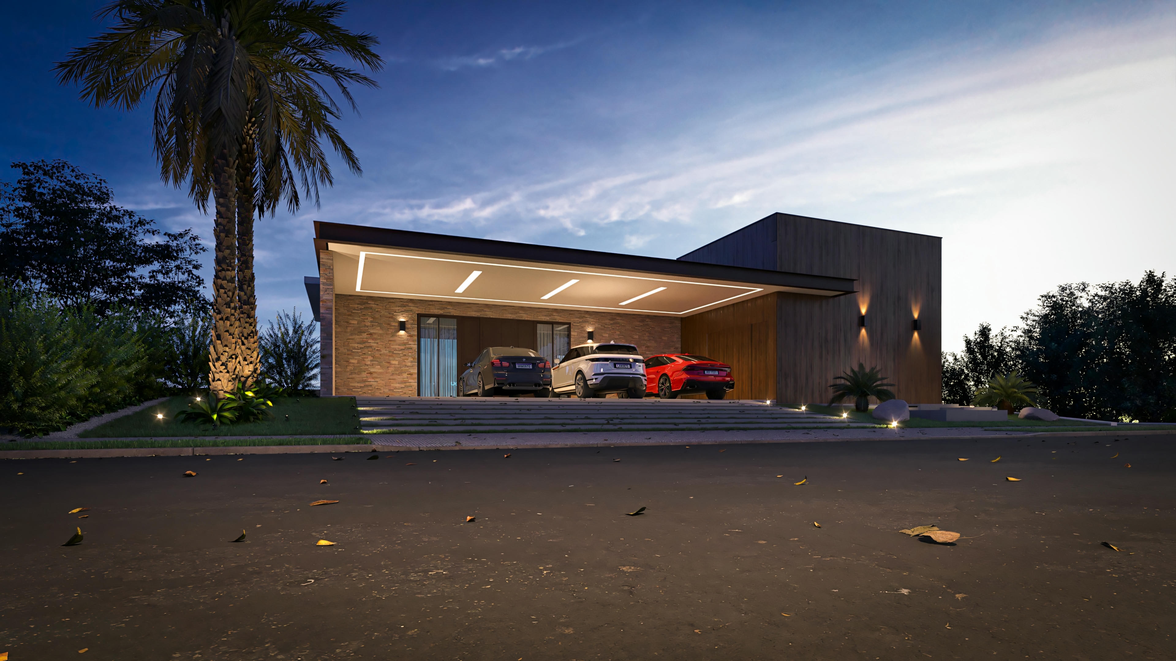 Vista frontal noturna de casa térrea de luxo com iluminação arquitetural, destacando a garagem para quatro carros, fachada em madeira e pedra, e paisagismo com palmeira, em terreno de 25x40.