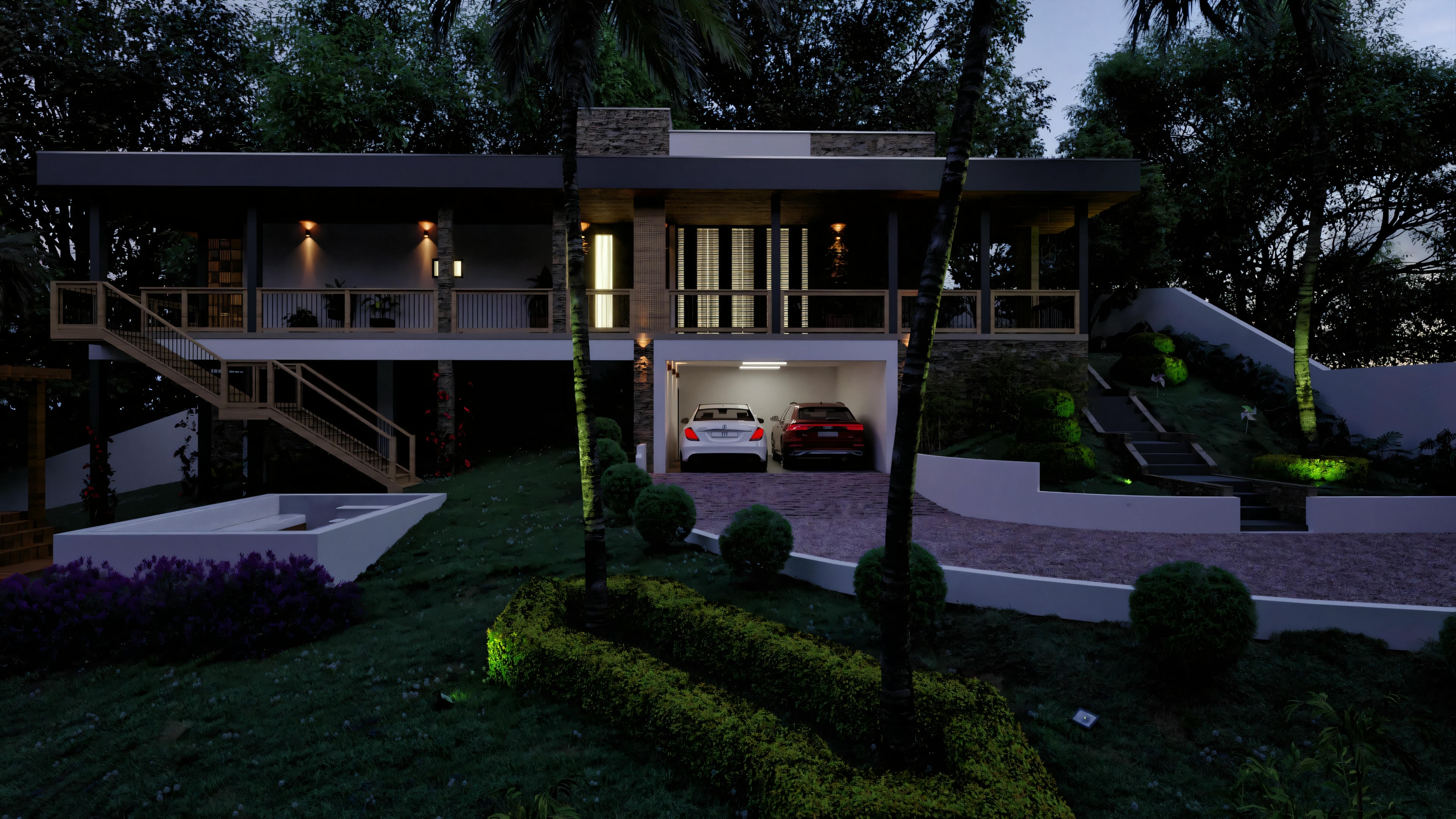 Night facade of a country house with three bedrooms and an illuminated balcony, highlighting the lower-level garage and landscaping.
