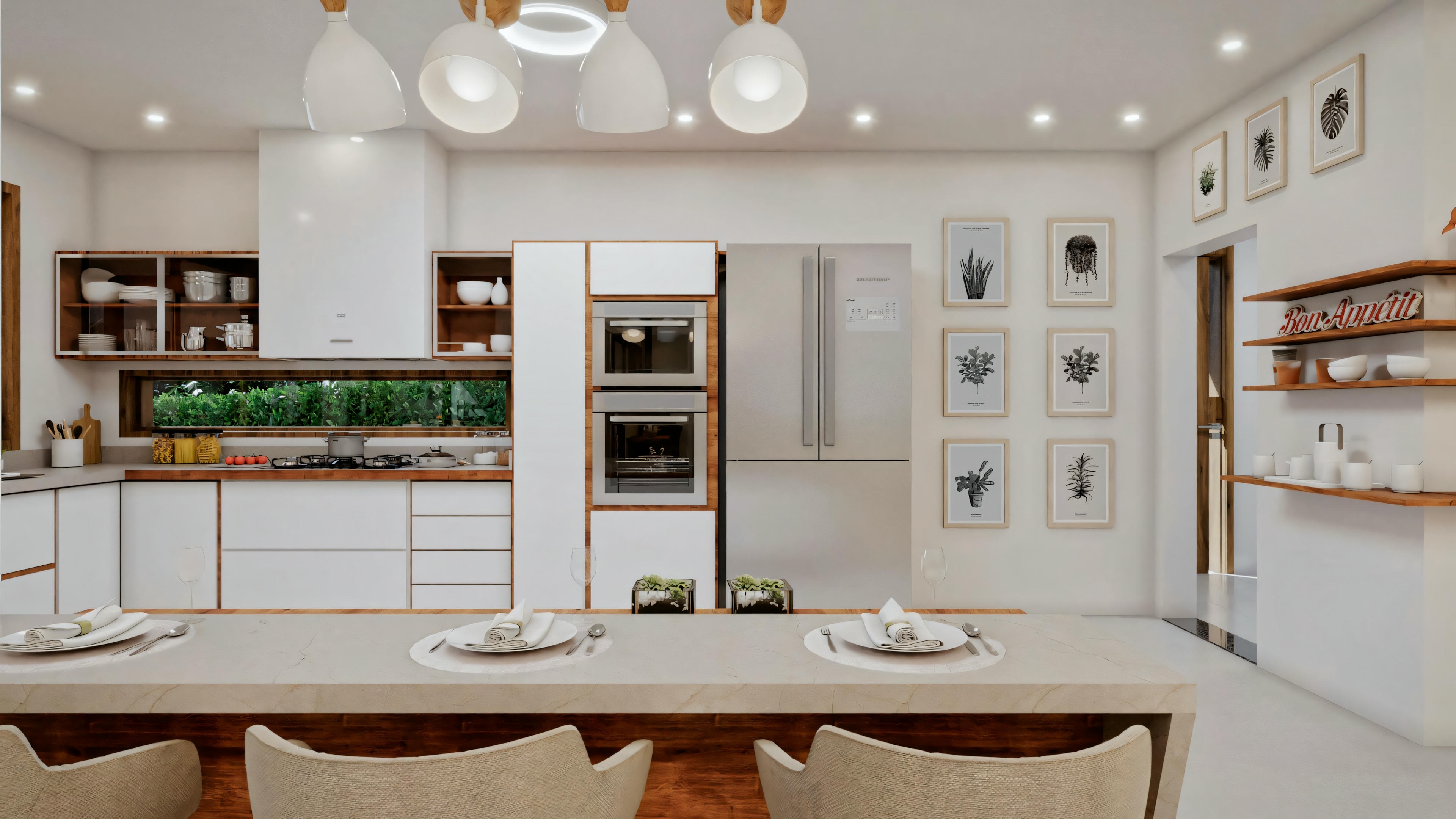 Uma cozinha moderna com armários brancos, eletrodomésticos de aço inoxidável e uma ilha central com pia. Acima da ilha, há luminárias pendentes.