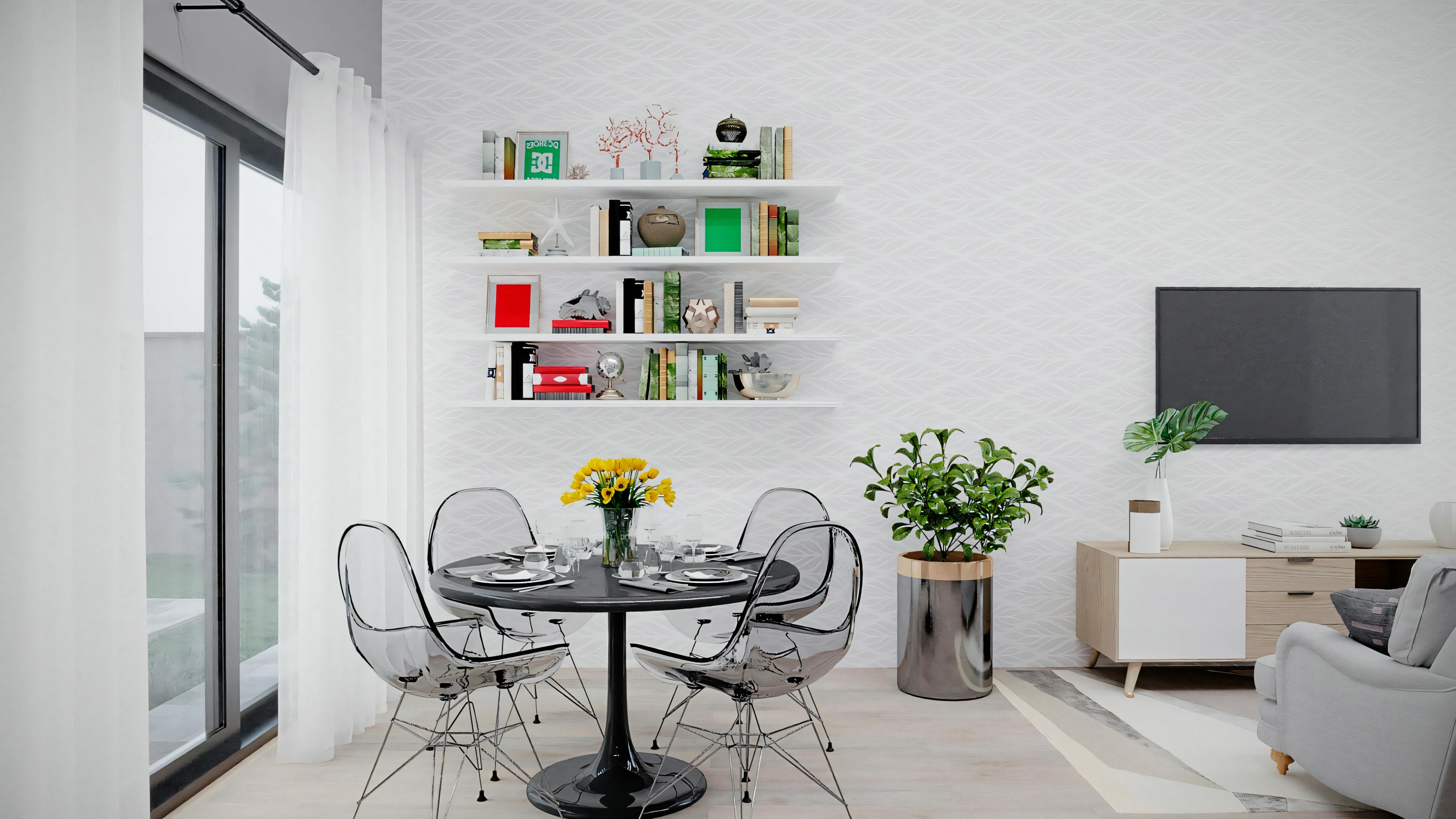 Uma cozinha moderna com eletrodomésticos contemporâneos e plantas no balcão.