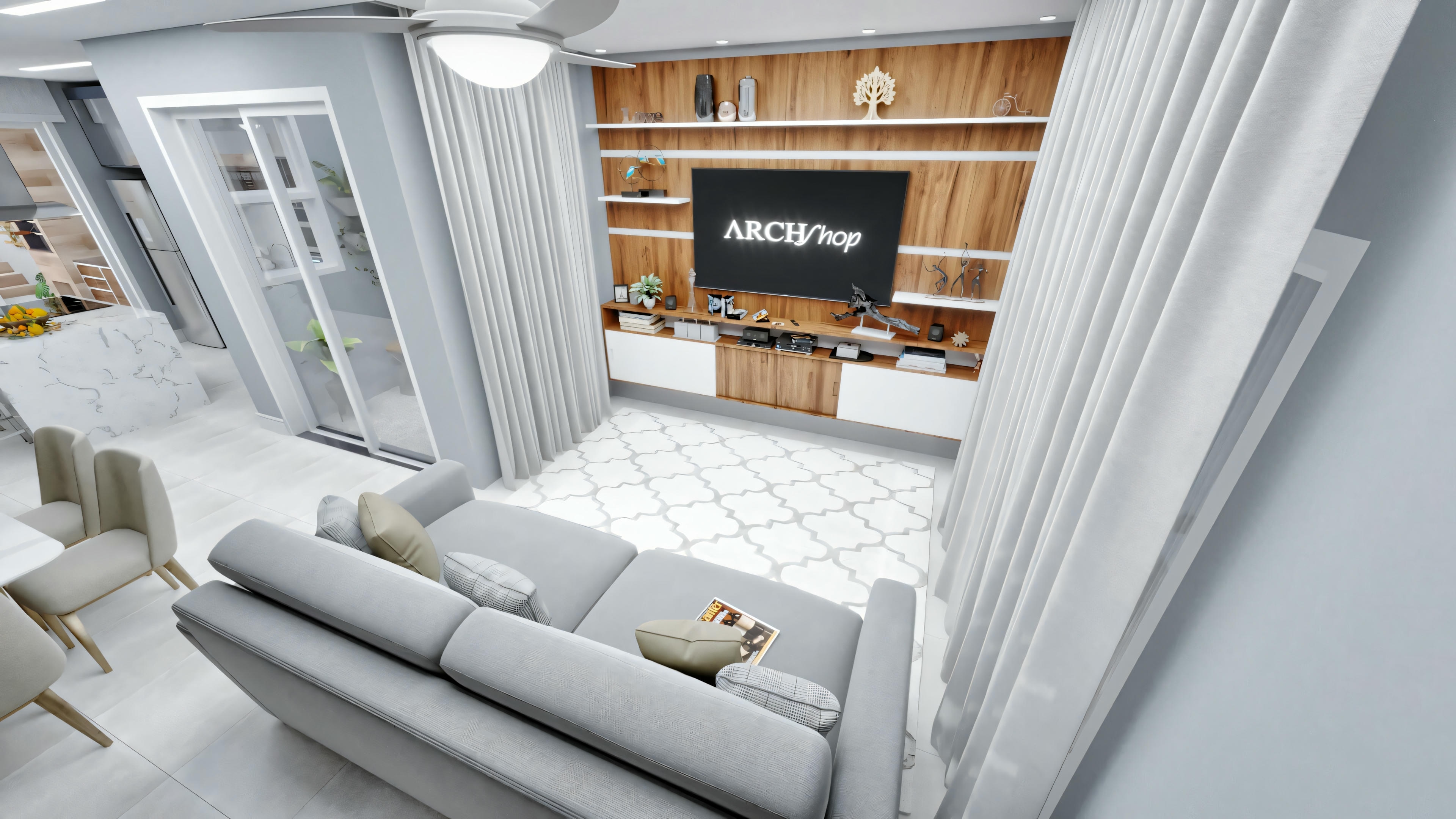 Cozy living area with warm lighting and wooden details, featuring shelves.